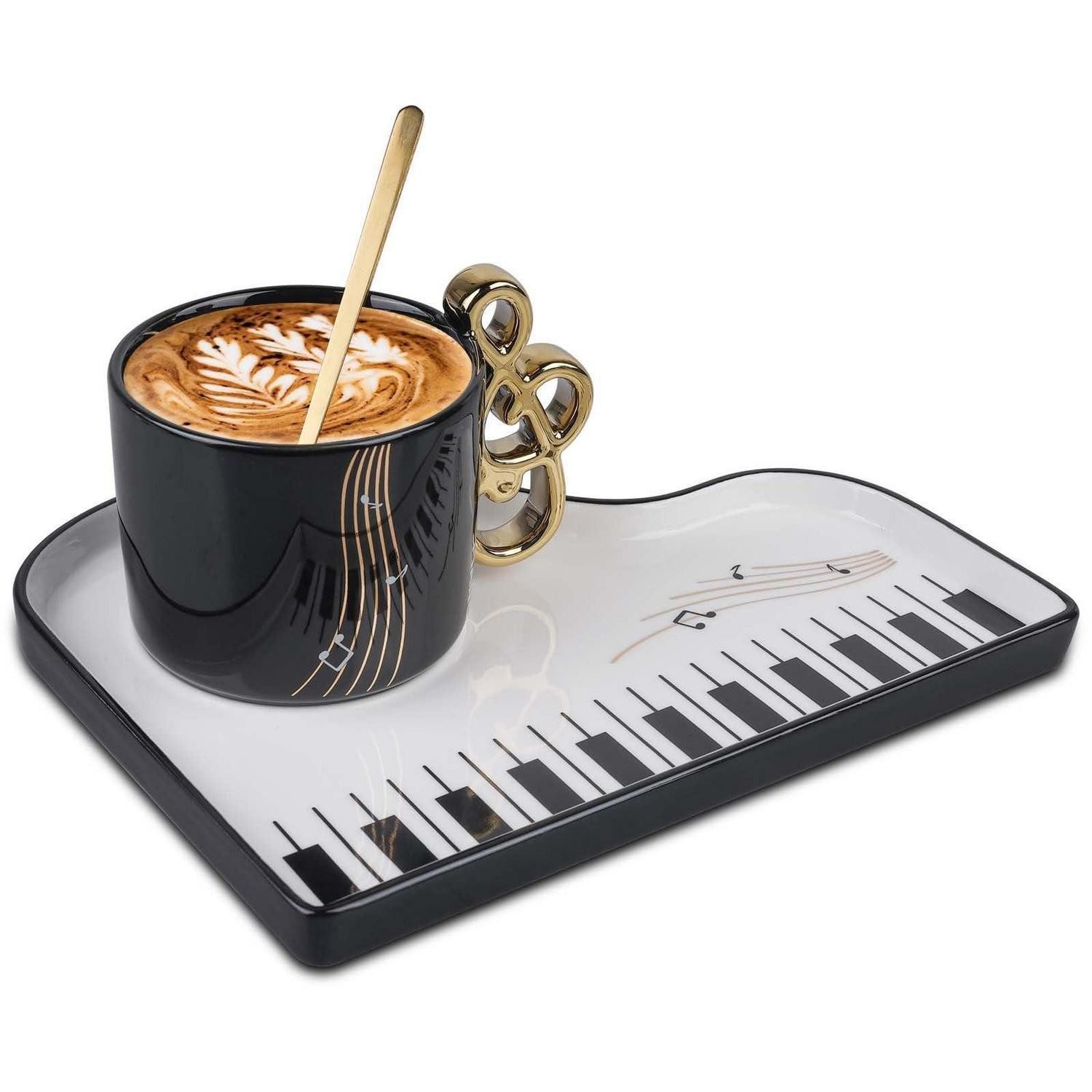 LuxusKollektion Tasse Kaffeetasse mit Unterteller und Löffel Musiknoten 200ml Schwarz, Keramik
