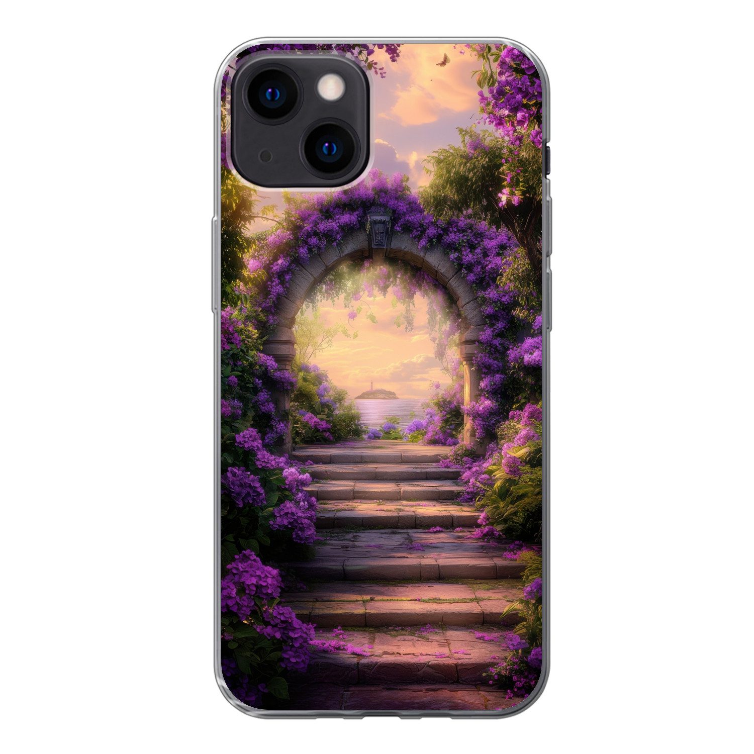MuchoWow Handyhülle für Apple iPhone 13 Tor - Lila - Blumen, Smartphone-Bumper, Print, Handy Schutzhülle Dünn