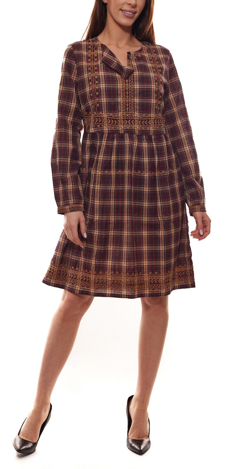 Aniston by BAUR Minikleid Aniston CASUAL Langarm-Kleid kariertes Damen Mini- Kleid mit Stickereien Frühlings-Kleid Bordeaux/Braun