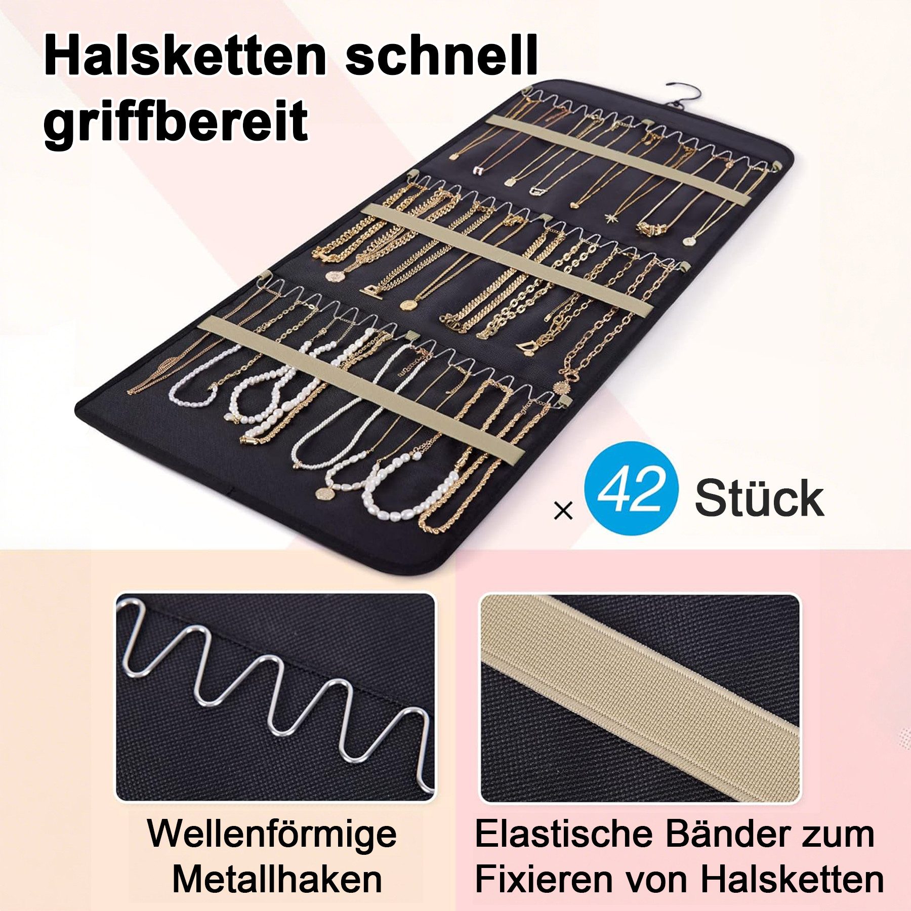 Mutig Schmuckständer Schmuck Organizer zum Aufhängen, Doppelseitige Schmuckaufbewahrung (Fächer und Taschen, Metallhaken, Schmuckhalter für Ohrringe, Halsketten, Ringe, Armbänder), Aufbewahrung an Schrank, Tür, Wand