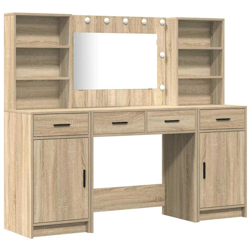 vidaXL Schminktisch Schminktischset mit LED 3 stk. Sonoma-Eiche Holzwerkstoff (3-St)