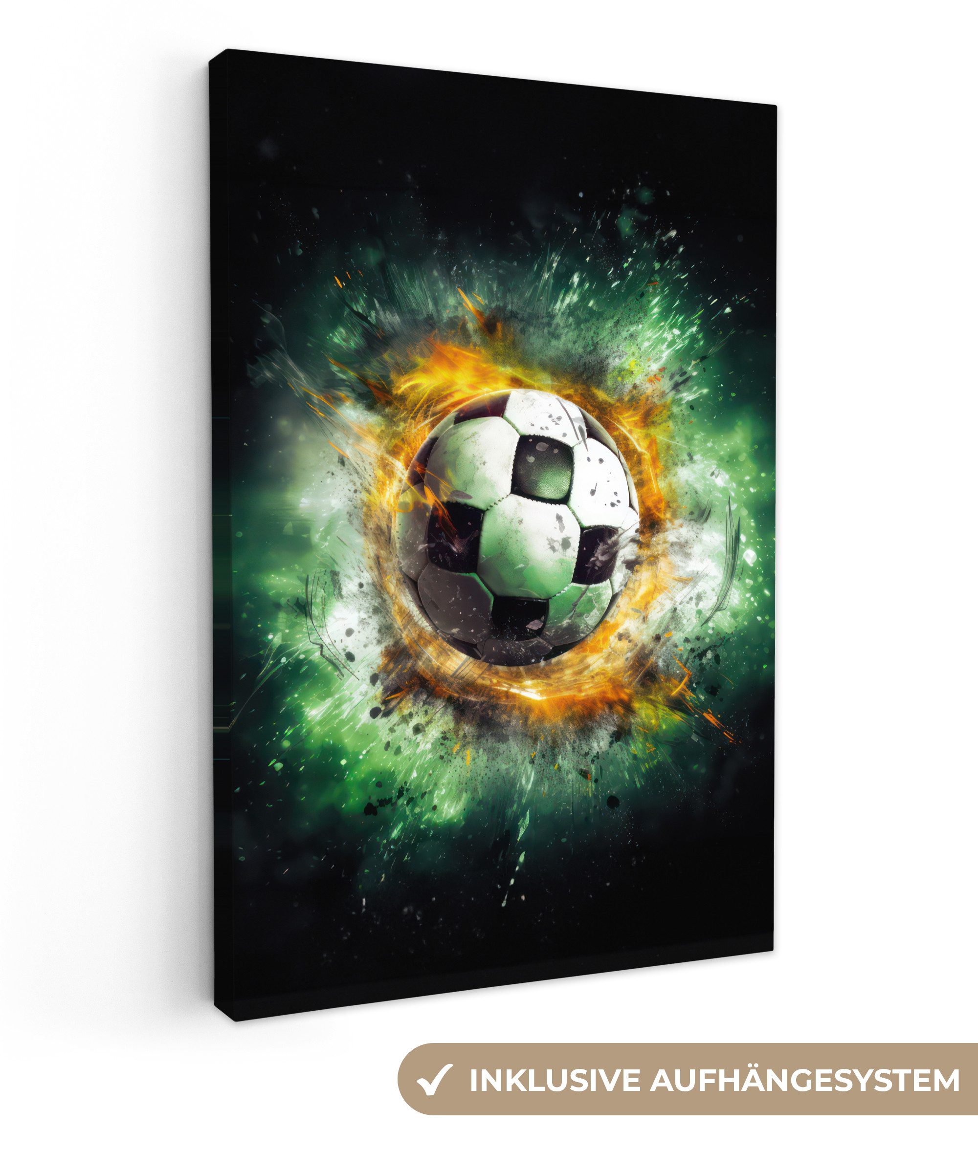 OneMillionCanvasses® Leinwandbild Ball - Fußball - Grün - Orange - Rauch, Fotodruck (1 St), Teenager Zimmer Bild, Jugendzimmer Deko, Kinder Wanddeko, 20x30 cm