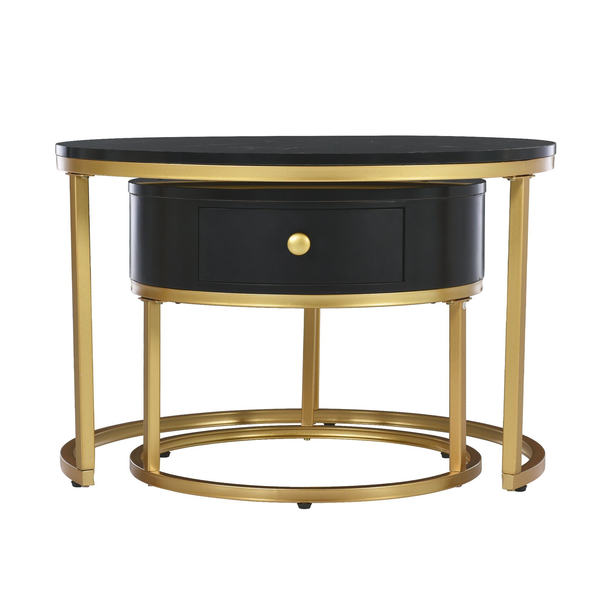 Merax Couchtisch Set rund Satztisch Wohnzimmertisch 1,5 cm Platte, hochglanz Marmoroptik aus Holz mit goldem Metallbeine