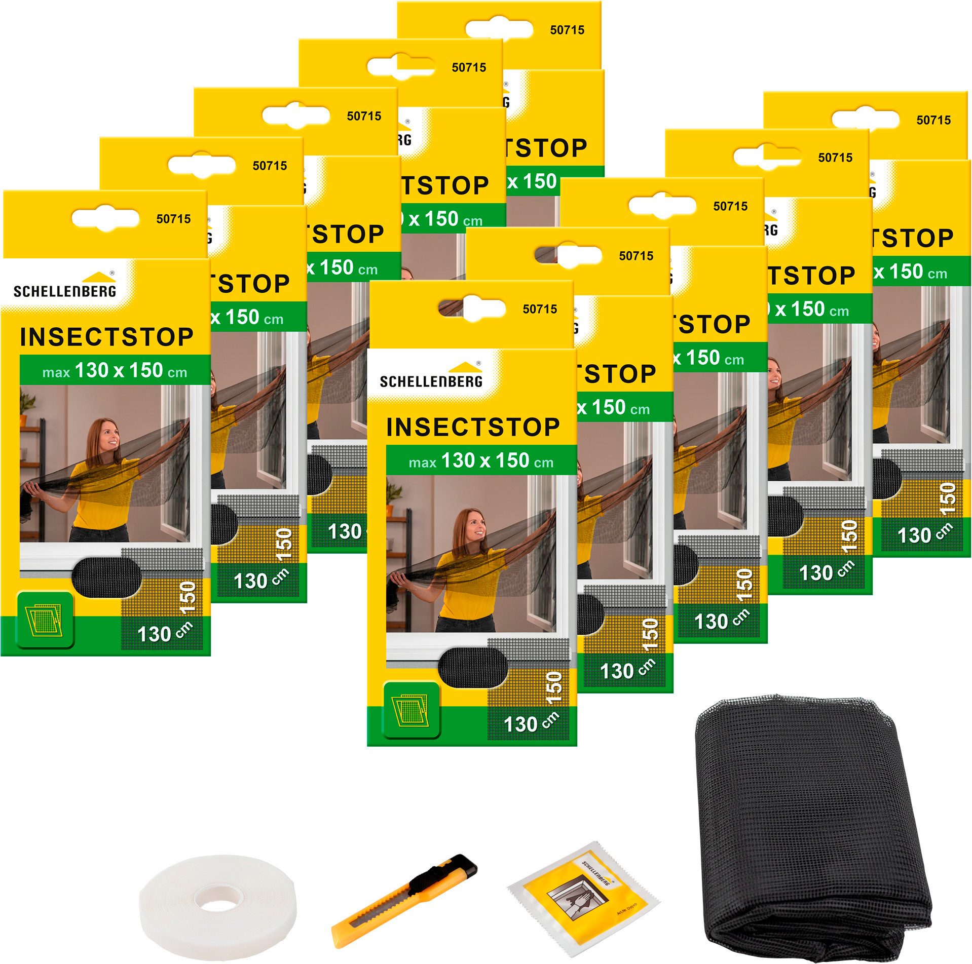 SCHELLENBERG Fliegengitter-Gewebe für Fenster ohne bohren, (Set, 10-St), Insektenschutz inkl. Befestigungsband, 130 x 150 cm, anthrazit, weiß