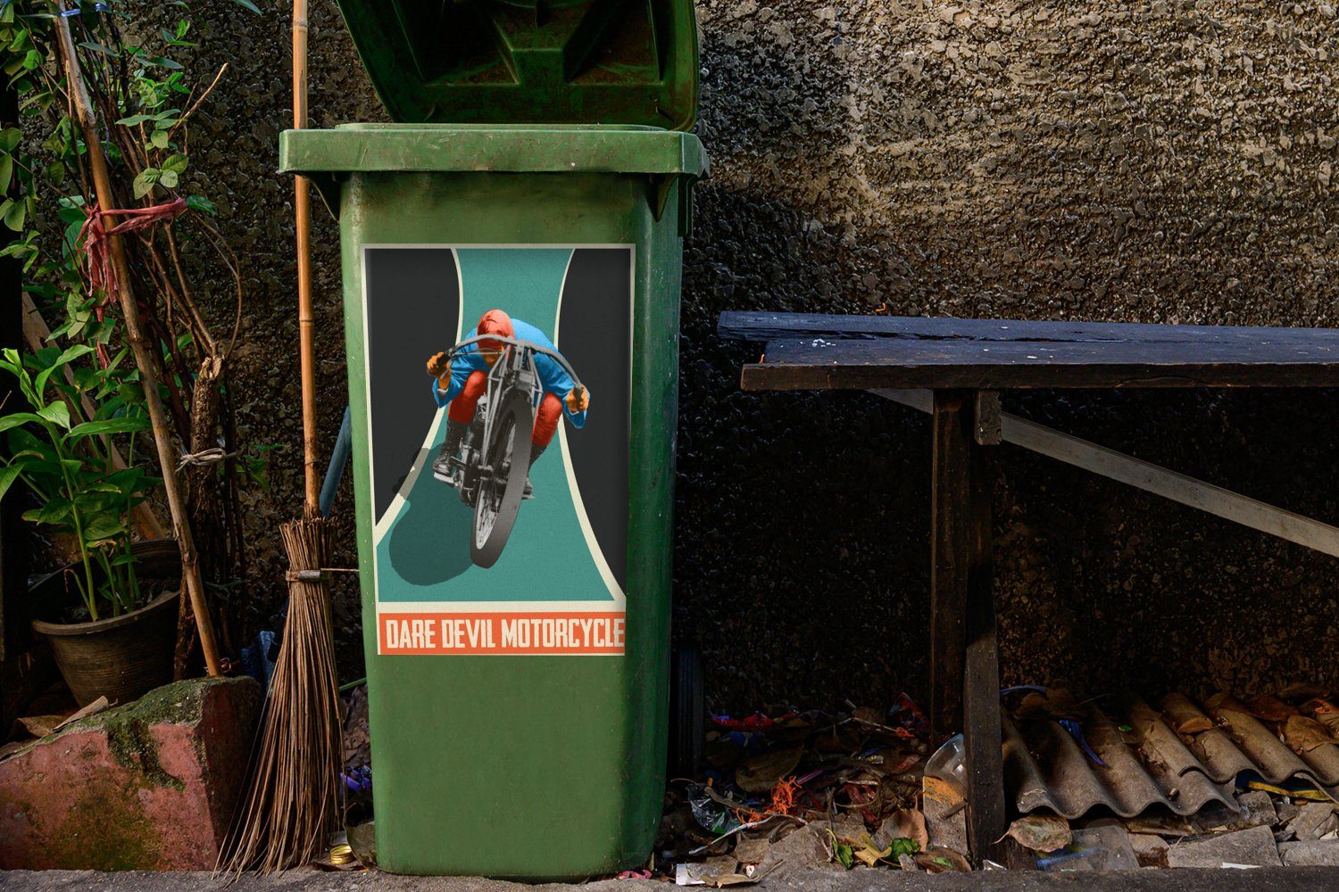 MuchoWow Wandsticker Mancave - Motorrad - St), Container, (1 Abfalbehälter Sticker, - Mülleimer-aufkleber, Vintage Zitate Mülltonne