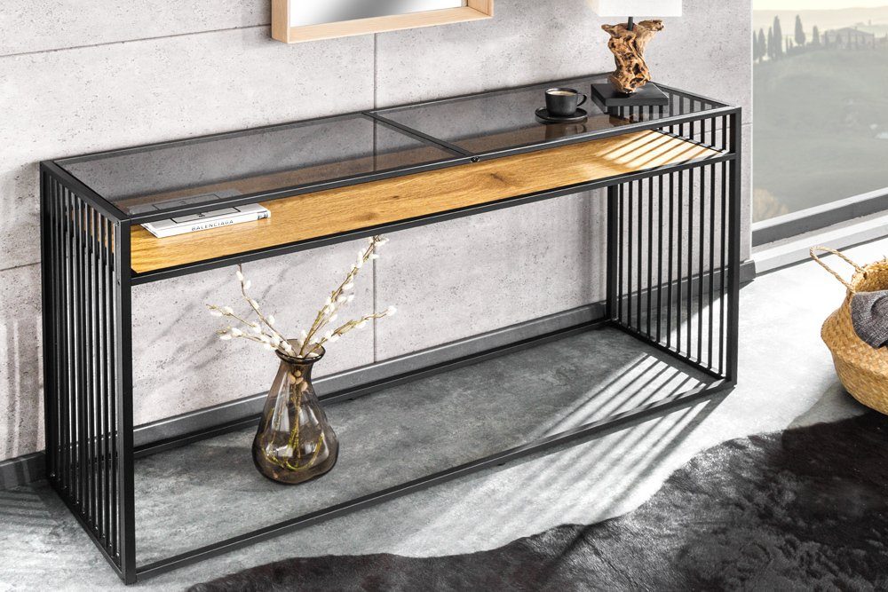 riess-ambiente Konsolentisch ARCHITECTURE 120cm schwarz / natur (Einzelartikel, 1-St), Wohnzimmer · Glas · Metall · Holz-Optik · Flur · Industrial Design braun