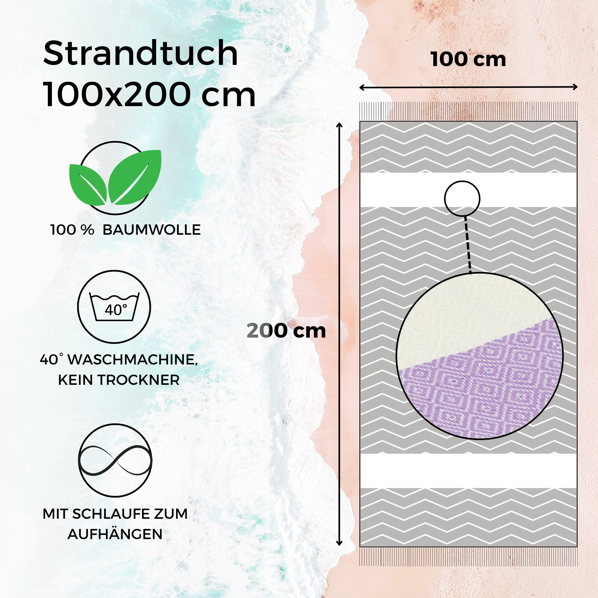 furora HOLIDAY Strandtuch groß 100x200 cm Strand Tuch, aus Baumwolle, Hamamtuch Badetuch, leicht, lang, dünn & kompakt – Bild 3 von 5