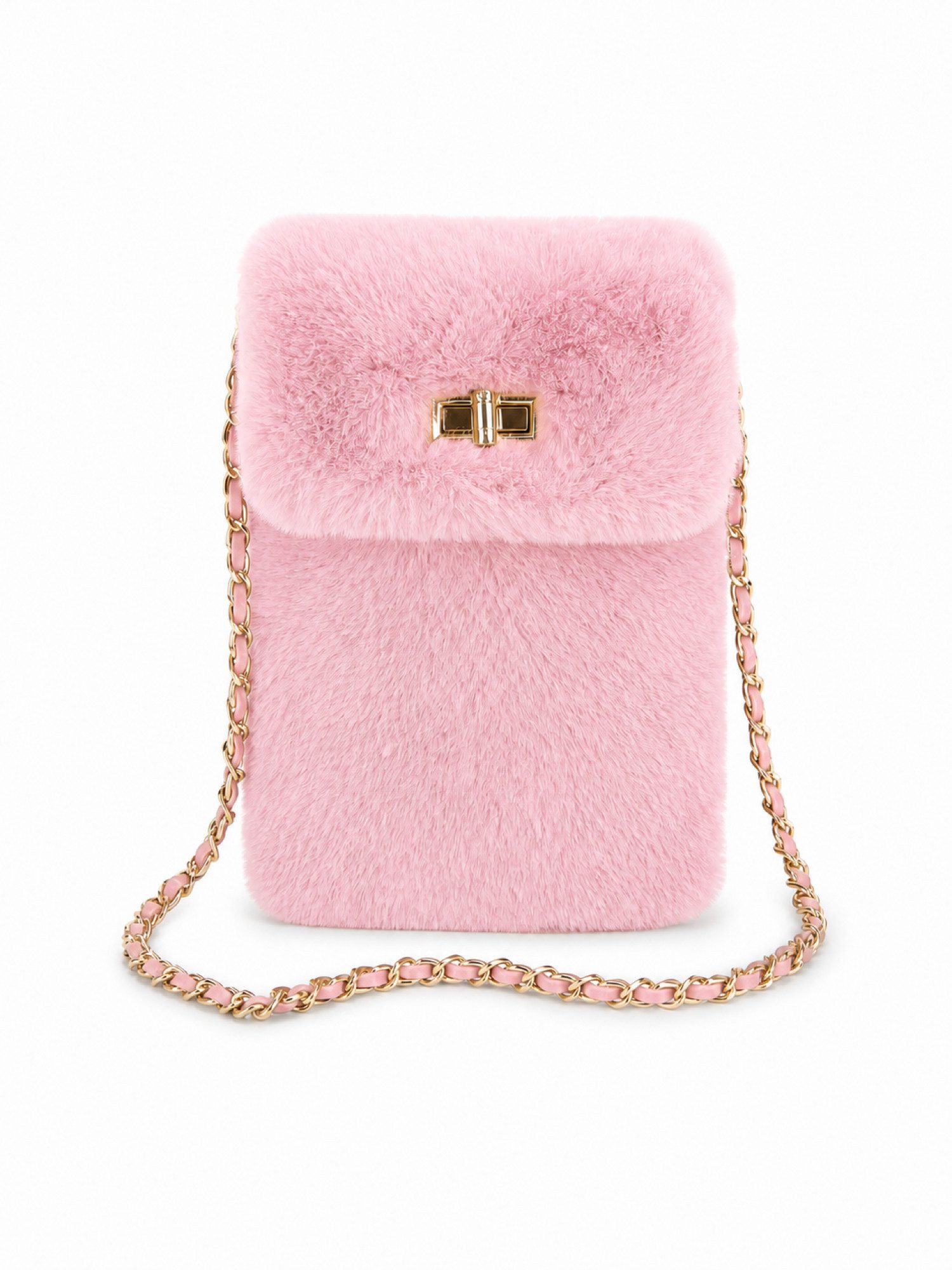 BRISE TASCHE Umhängetasche Mini Umhängetasche aus Kunstfell mit Kettenriemen, weiches Kunstfell, goldfarbener Kettenriemen, Drehverschluss