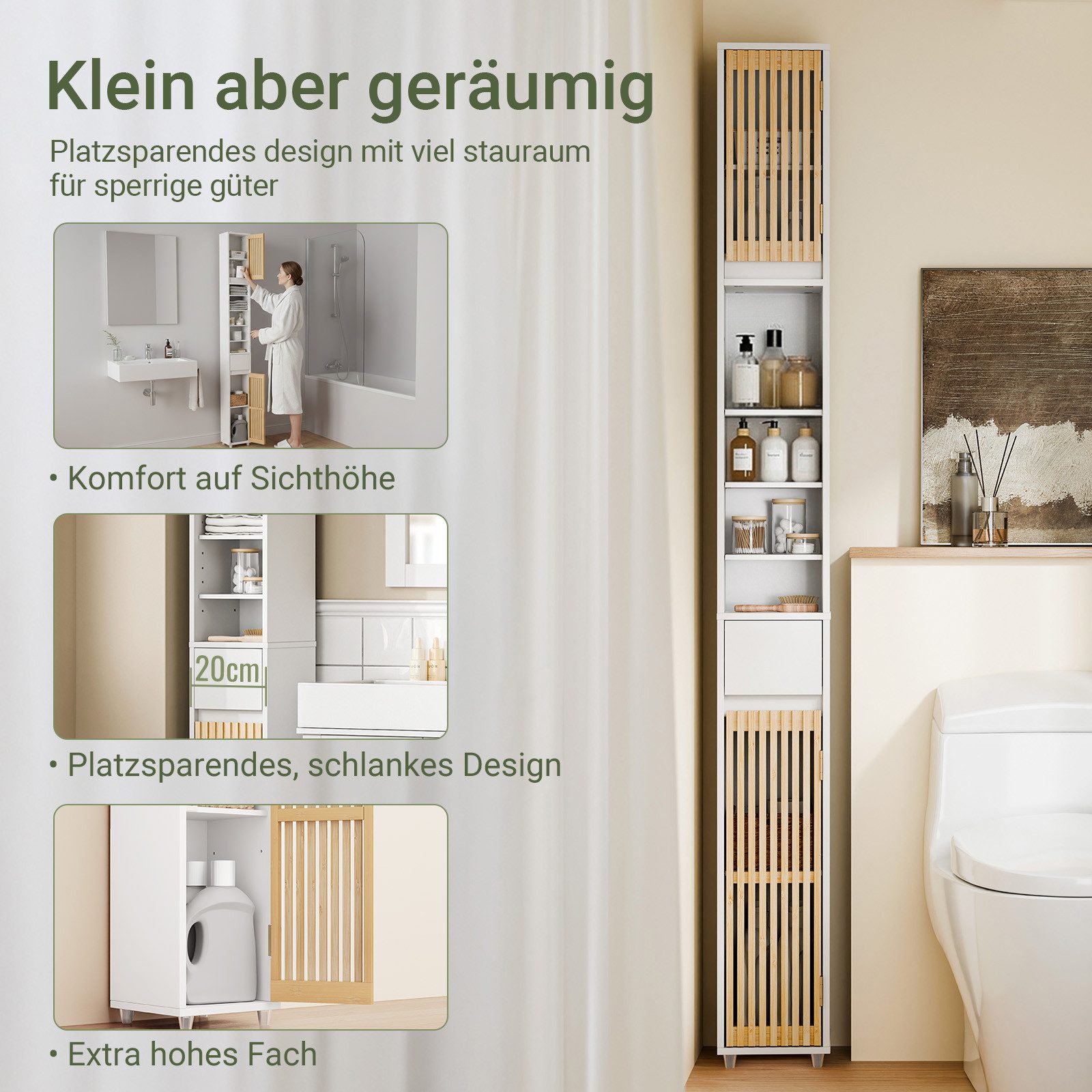 SoBuy Hochschrank BZR34 Badezimmerschrank Hochschrank Schmal Badschrank für kleine Bäder Badkommode, mit verstellbare Ablagen Platzsparender, Waschbecken, WC