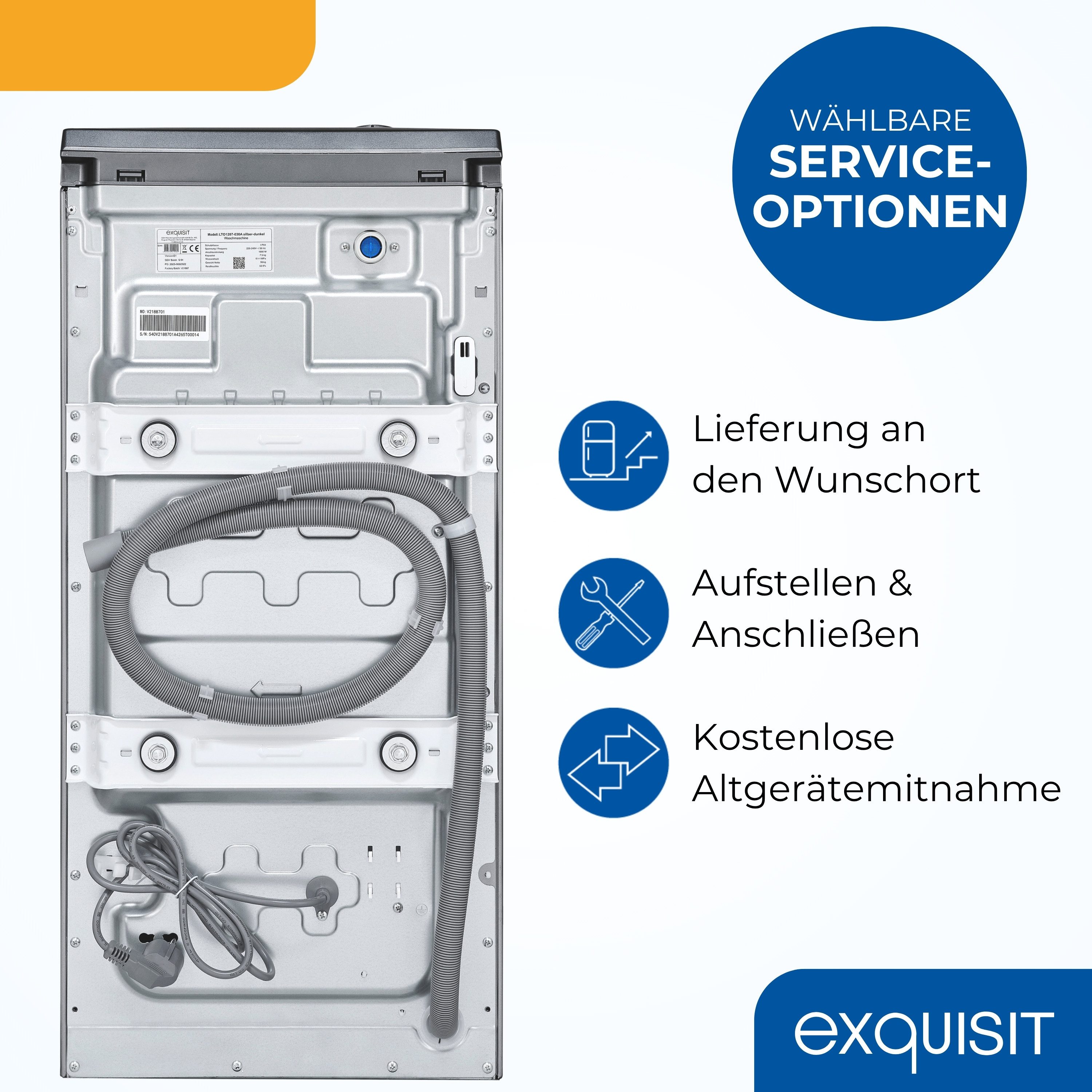 exquisit Waschmaschine LTO1207-030A silber-dunkel, 7,5 kg, 1200 U/min, Rückenschonend: bequem von oben zu beladen mit softer Türöffnung – Bild 4 von 5