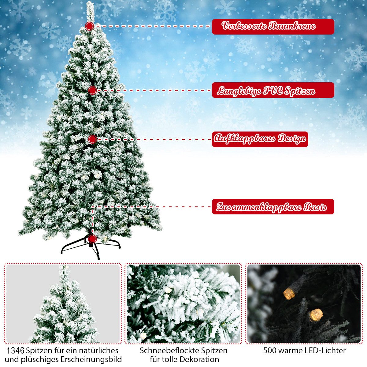 COSTWAY Künstlicher Weihnachtsbaum, 230cm, 1346 Spitzen mit Schnee, 550 LEDs