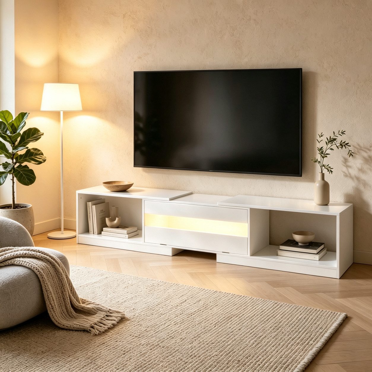 FUFU&GAGA Lowboard 140-200cm TV-Board Hochglanz LED, Weiß/Schwarz, ausziehbar