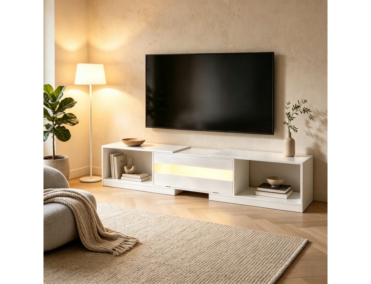 FUFU&GAGA Lowboard 140-200cm TV-Board Hochglanz LED, Weiß/Schwarz, ausziehbar