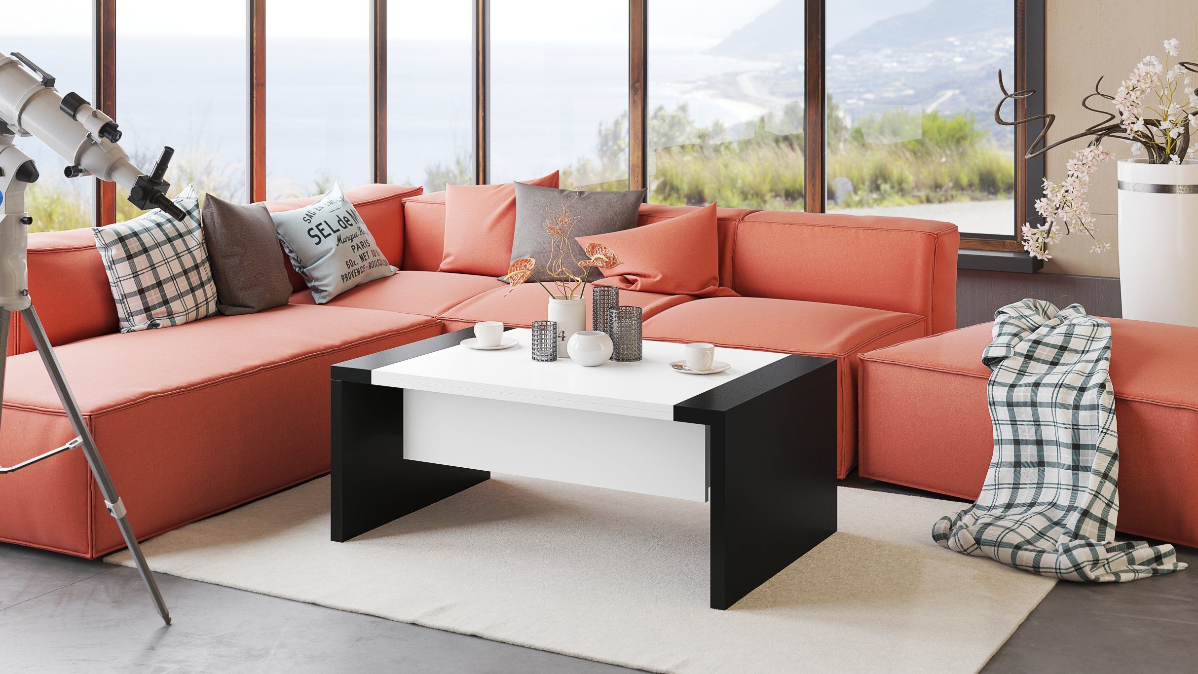 designimpex Couchtisch Space Weiß-Schwarz matt höhenverstellbar günstig online kaufen