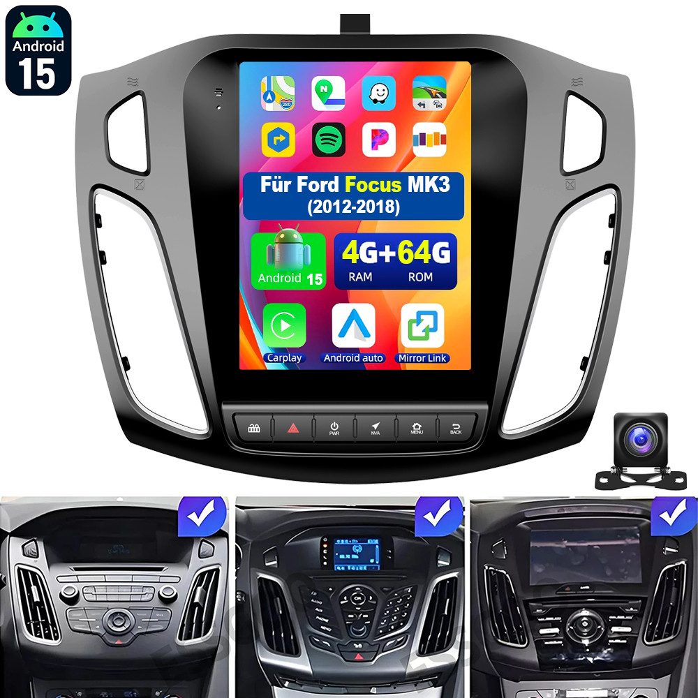 ESSGOO 9.7'' Android 15 CarPlay Autoradio für Ford Focus MK3 2012-2018 GPS BT Autoradio (RDS, 4+64GB(optional), Digitalradio (DAB), FM, AM, BT4.1, SWC, Carplay Android Auto Bluetooth EQ USB GPS Navi WIFI Touchscreen)