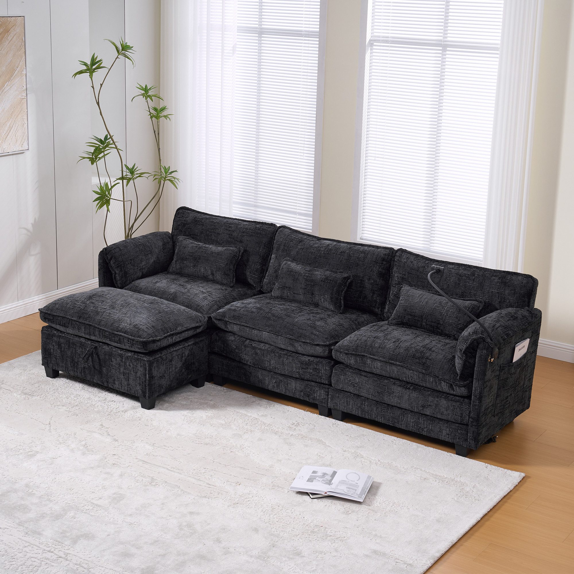 STILVORA Sofa mit Hockern&Seitentaschen,Modulares Sofa Relaxsofa mit USB&Handyhalter, inklusive USB-Anschluss, Seitentasche, Handyhalter und modularen Hockern, Loungesofa
