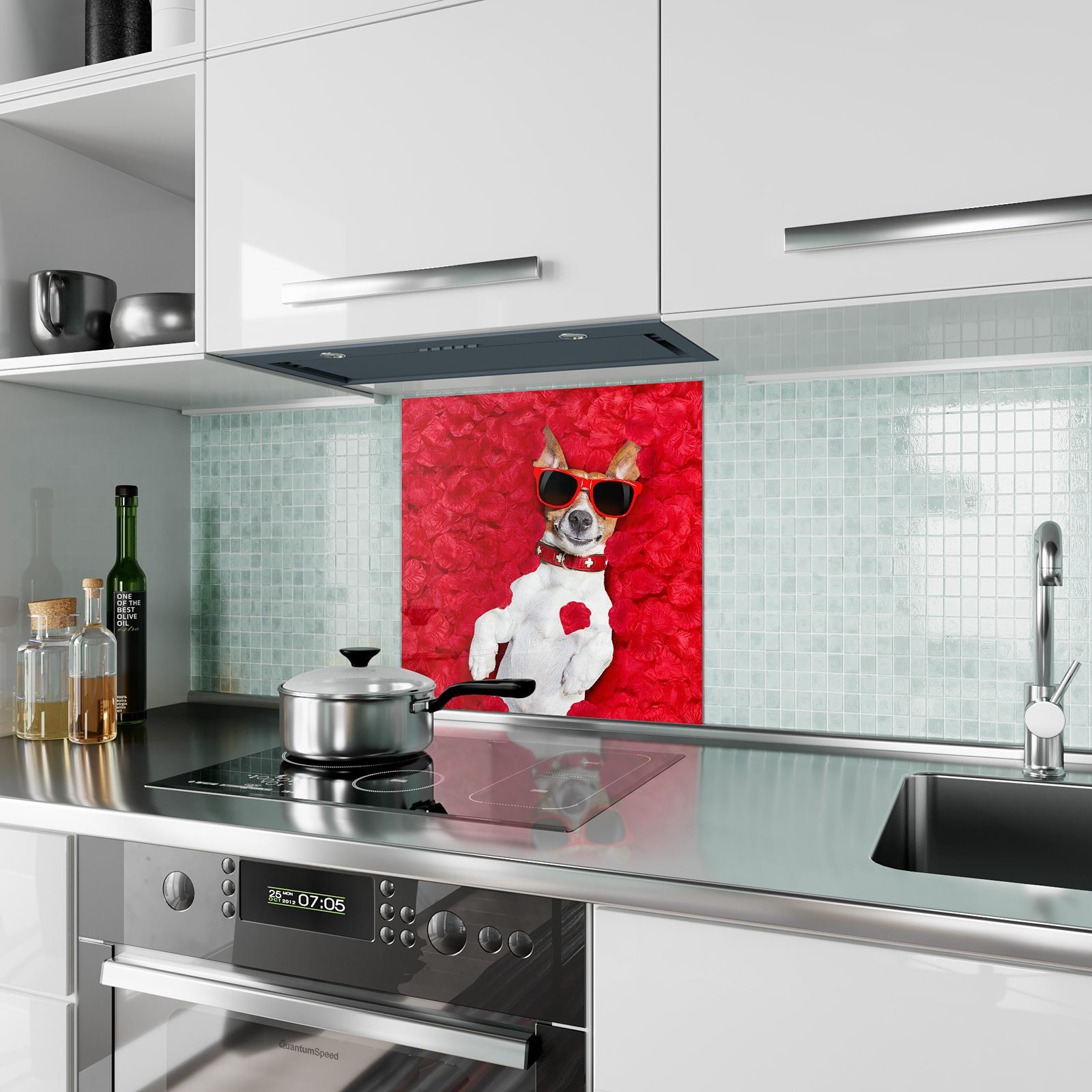 Primedeco Küchenrückwand Küchenrückwand Spritzschutz im mit Glas Hund Rosenmeer Motiv