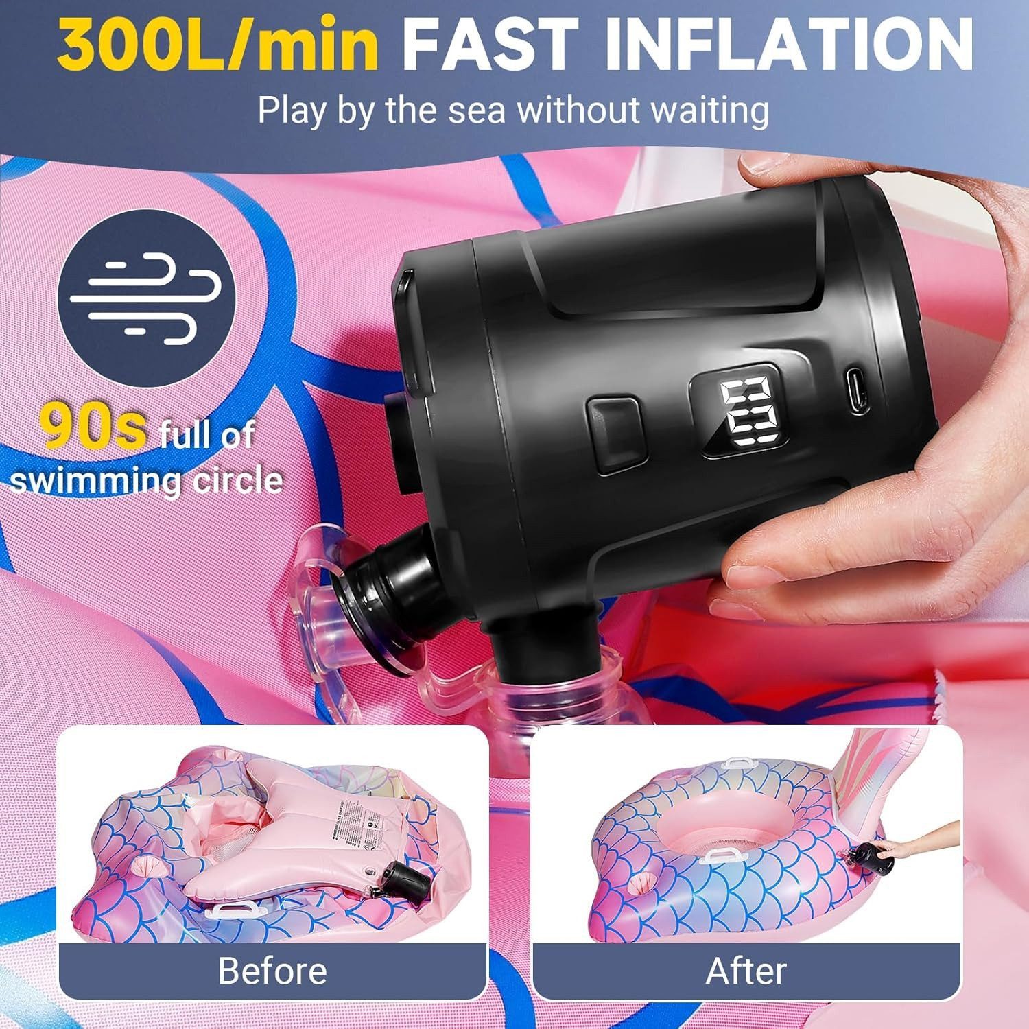 FELIXLEO Akku-Luftpumpe Elektrische Luftpumpe 5200mAh Akku Schnell Inflator mit 4 Düsen (2-tlg)