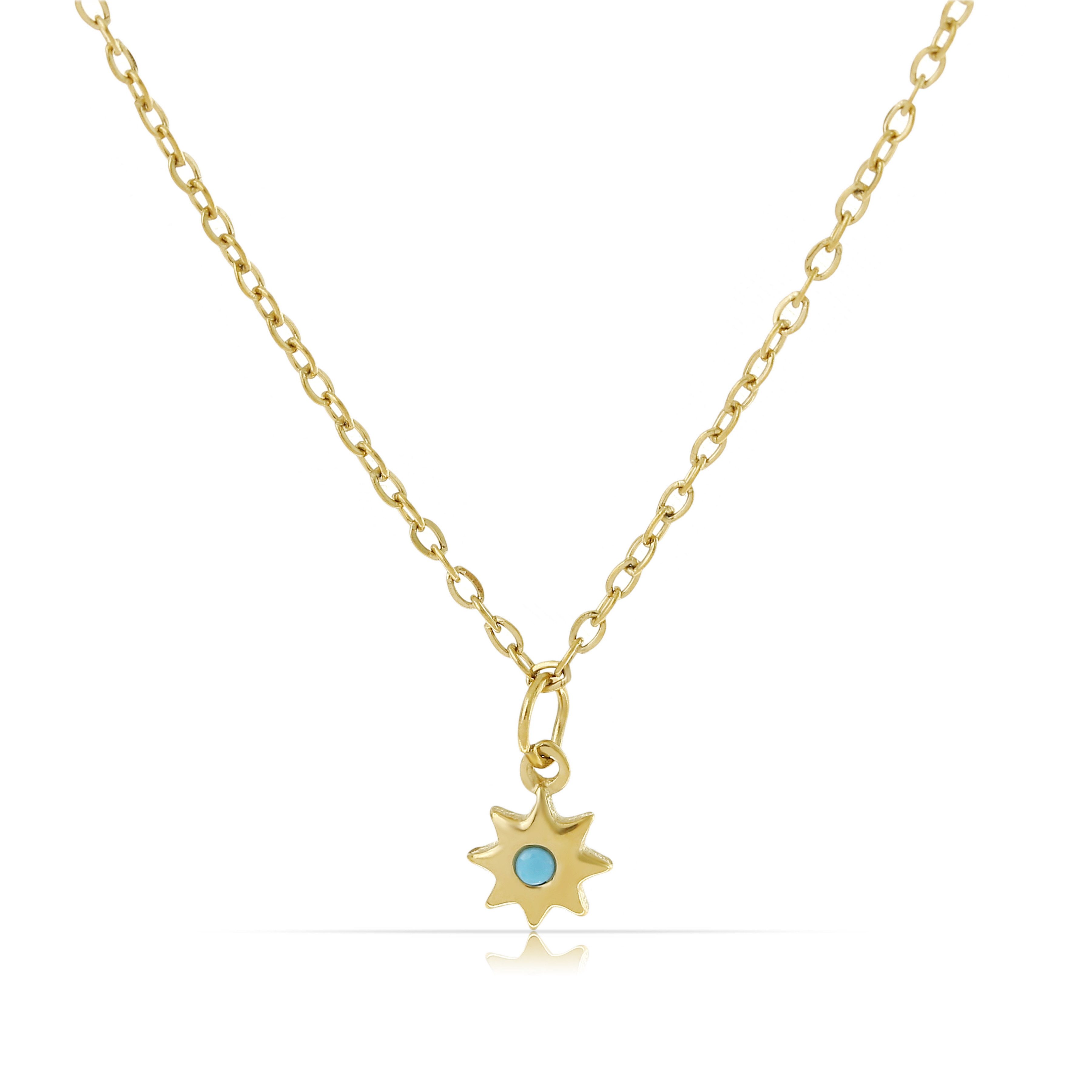 Made by Nami Charm-Kette Damen Halskette goldfarben mit Sternanhänger türkis verstellb. vintage, aus Edelstahl – hypoallergen – langlebig – mit Farbstein