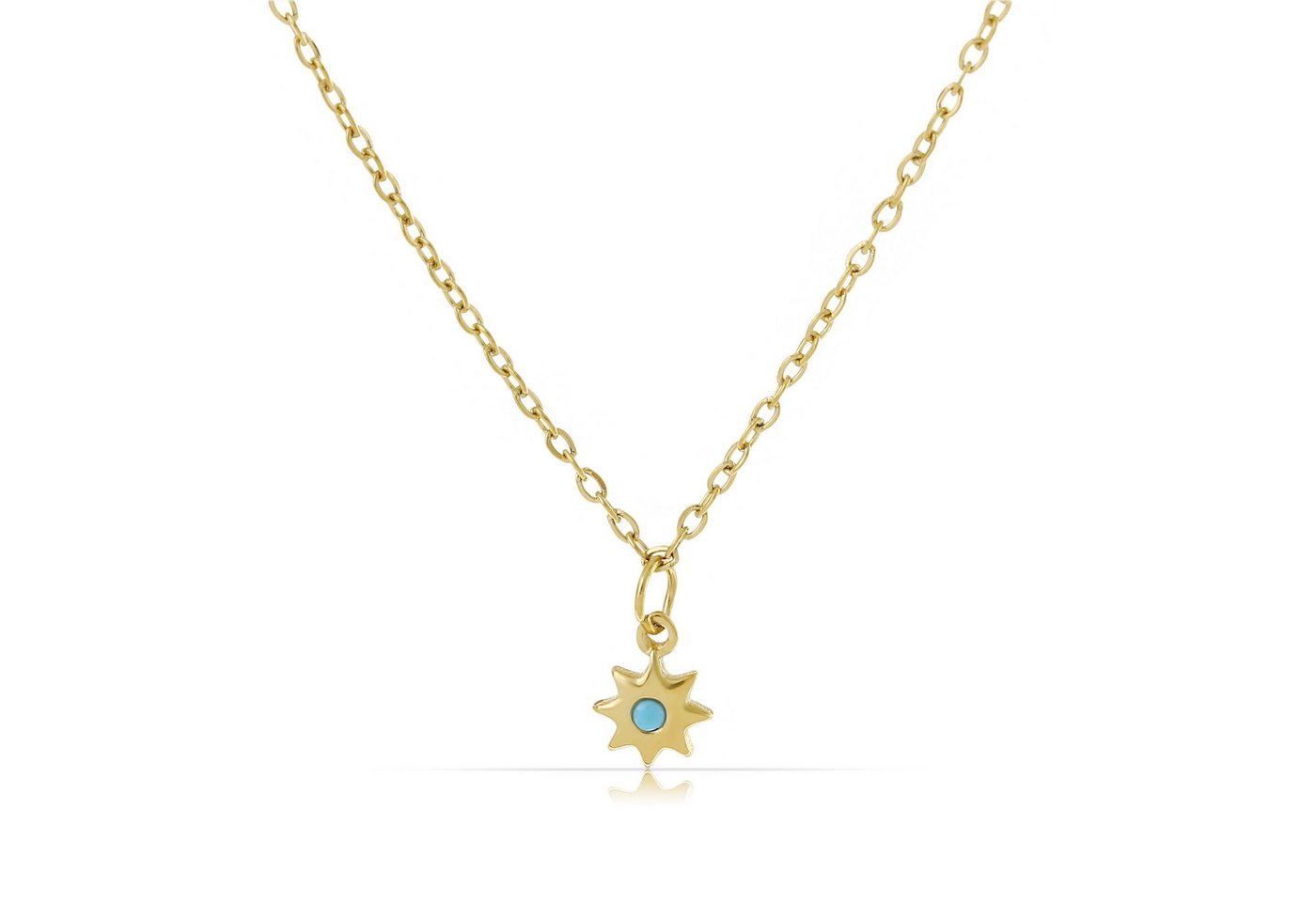 Made by Nami Charm-Kette Damen Halskette goldfarben mit Sternanhänger türkis verstellb. vintage, aus Edelstahl – hypoallergen – langlebig – mit Farbstein