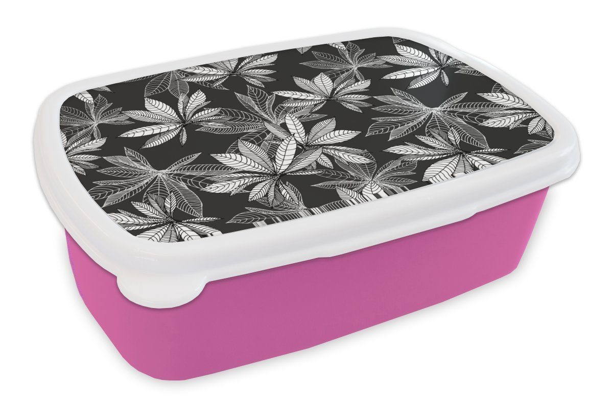 MuchoWow Lunchbox Schwarz - Weiß - Muster - Natur, Kunststoff, (2-tlg), Brotbox für Erwachsene, Brotdose Kinder, Snackbox, Mädchen, Kunststoff rosa