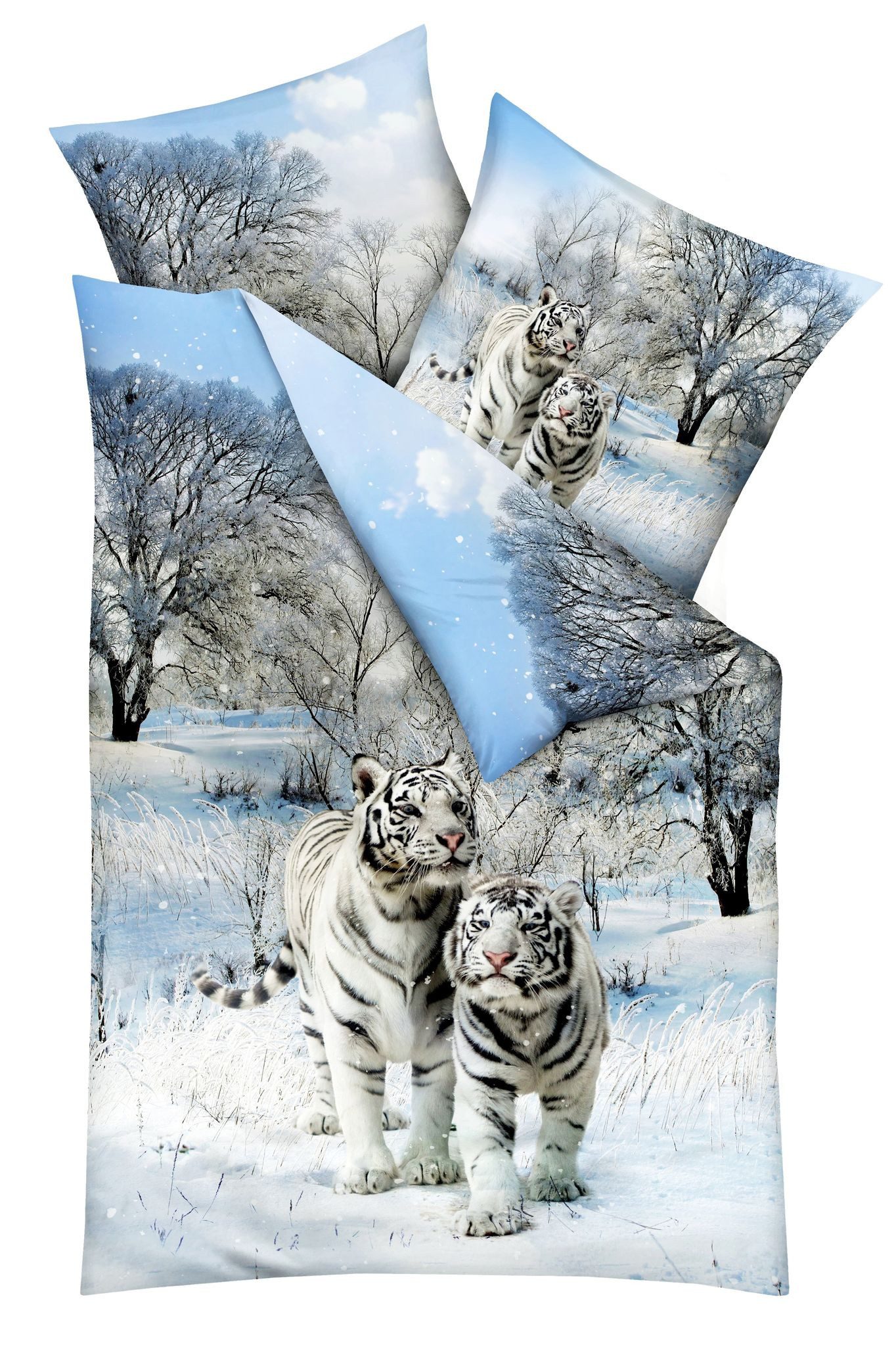 JACK Bettwäsche Schnee Tiger Raubkatze Winter Schnee Kaeppel, Satin, 2 teilig, hochwertiger Digitaldruck, elegantes Schneetigermotiv, Baumwolle