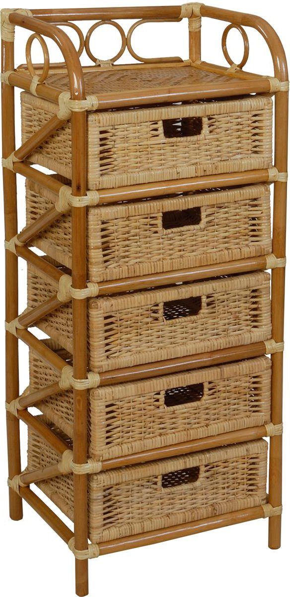 Krines Home Badregal Rattan Standregal Kommode Rattan Korb Regal Badregal Regalkommode, Handgearbeitet, Korbregal mit 5 Schubladen