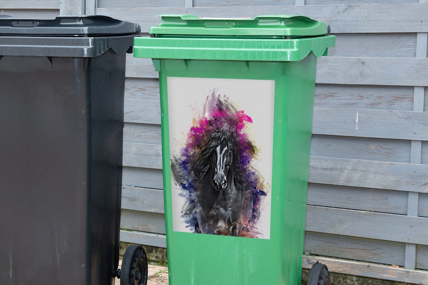 MuchoWow Wandsticker Pferd St), Schwarz Mülltonne, Sticker, (1 Mülleimer-aufkleber, Abfalbehälter Container, - Farben 