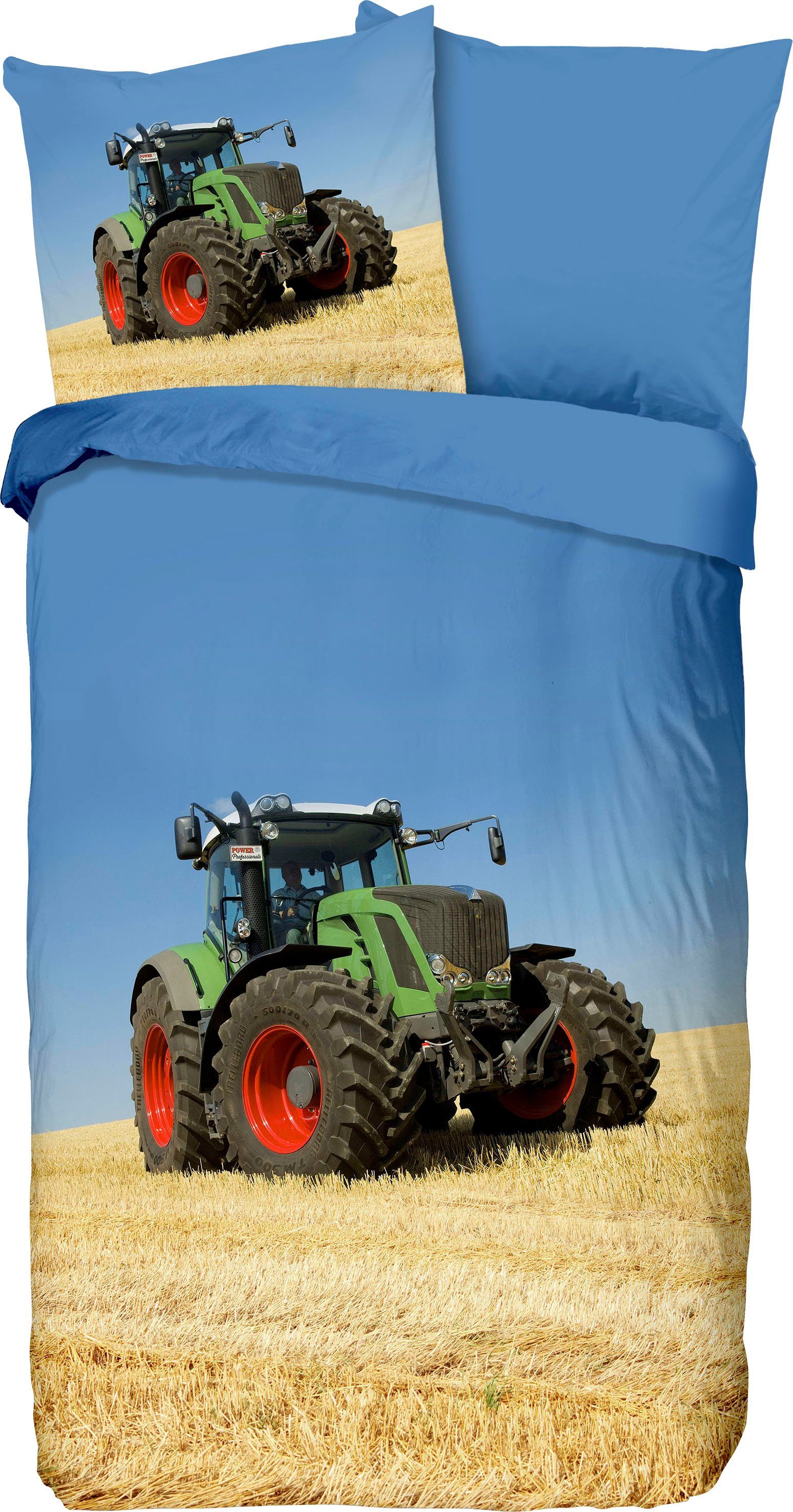 good morning Kinderbettwäsche Tractor, Renforcé, 2 teilig, Baumwolle, 135x200, Reißverschluss, Wendeoptik, Kind, Junge, Traktor – Bild 2 von 4