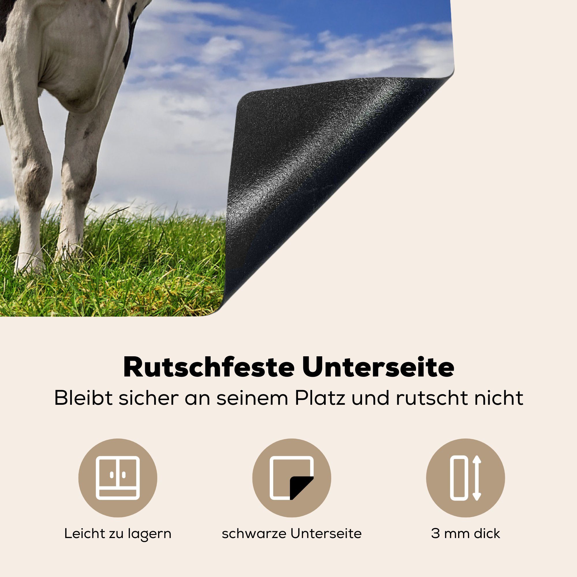 Vinyl, küche, Kuh Herdblende-/Abdeckplatte Ceranfeldabdeckung (1 Induktionsmatte Gras - für cm, - MuchoWow die Blau tlg), Tiere, 59x52 -