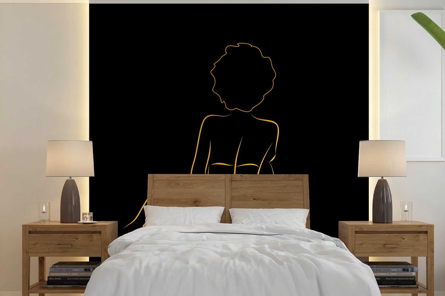 MuchoWow Fototapete Frau - Schwarz Tapete Strichzeichnung, St), (5 bedruckt, oder Schlafzimmer, für Matt, - Wandtapete Vinyl Gold - Wohnzimmer
