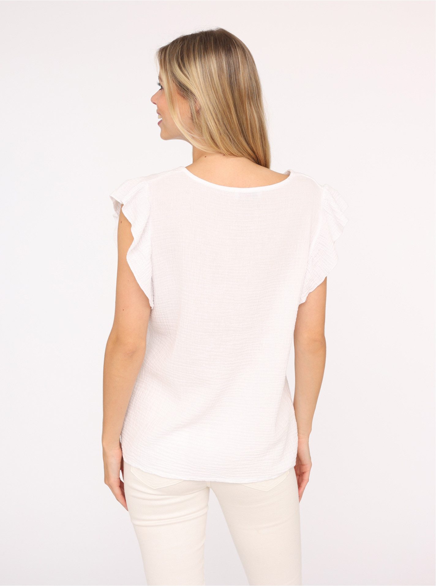 Zwillingsherz Kurzarmbluse "Giselle" tiefer V-Ausschnitt, Rüschenärmel, Baumwolle