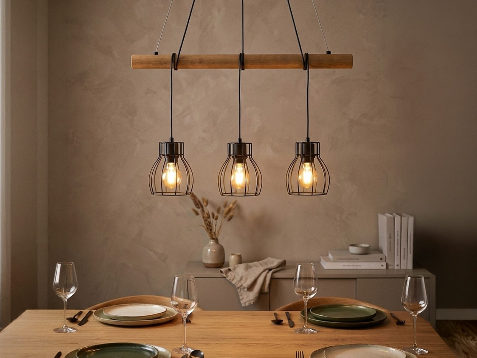 Reality Leuchten Pendelleuchte Industriedesign mit Holzbalken B: 75cm, ohne Leuchtmittel, Hänge-Lampe groß mit Holzbalken, für Esszimmertisch