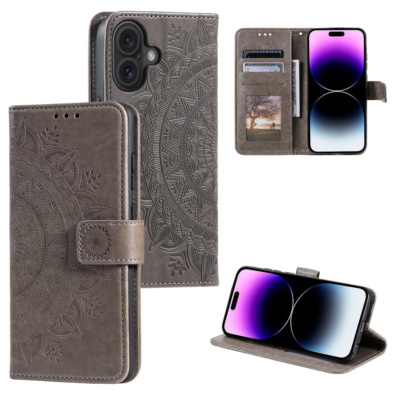 Cachito Handyhülle aus echtem Leder für iPhone 17,16 Hülle, Klappbar Flip Wallet mit Kartenfach und Ständer