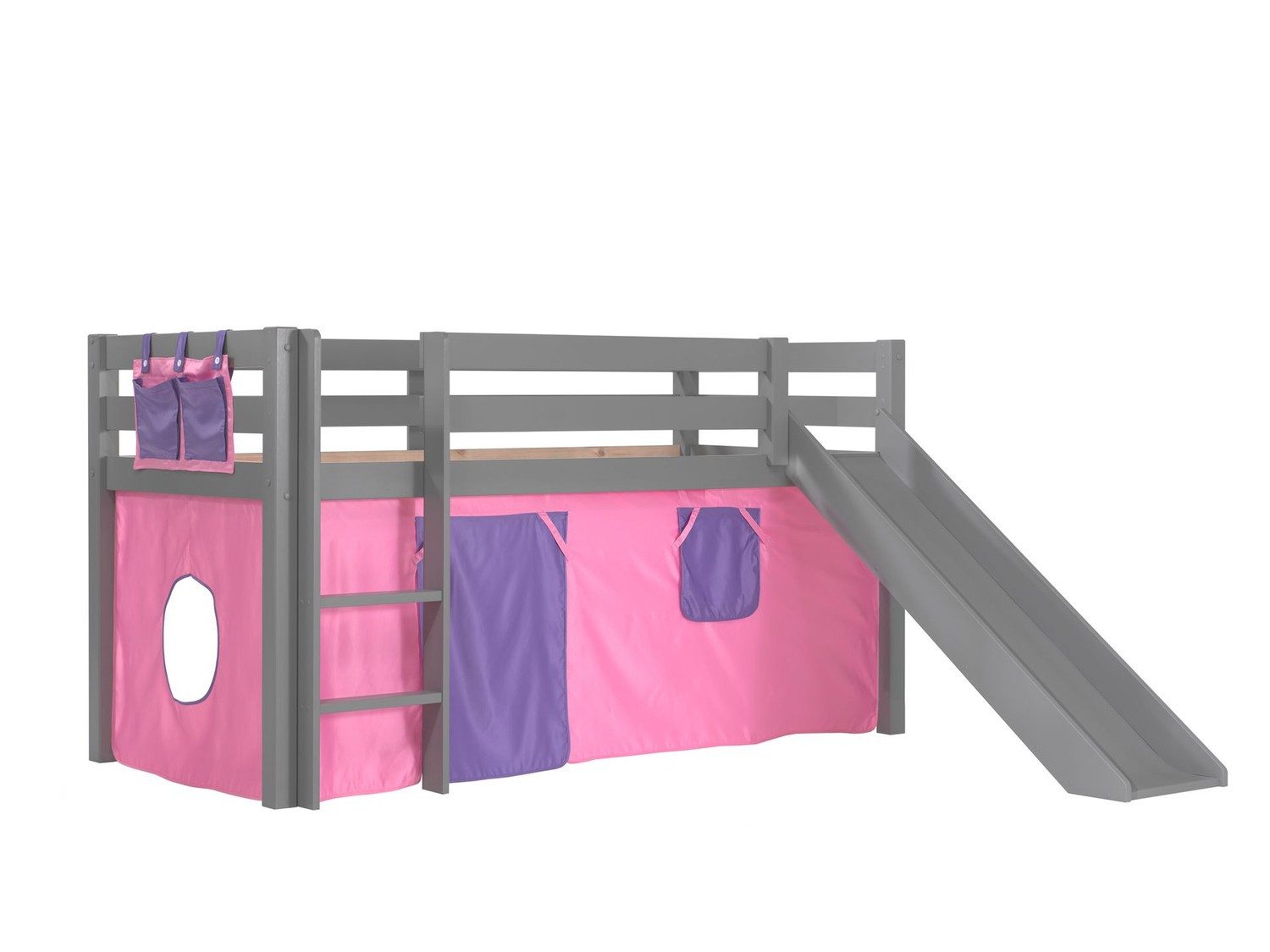 Natur24 Einzelbett Spielbett Pino 90 x 200 cm Rutsche Kiefer Grau Rosa Lila