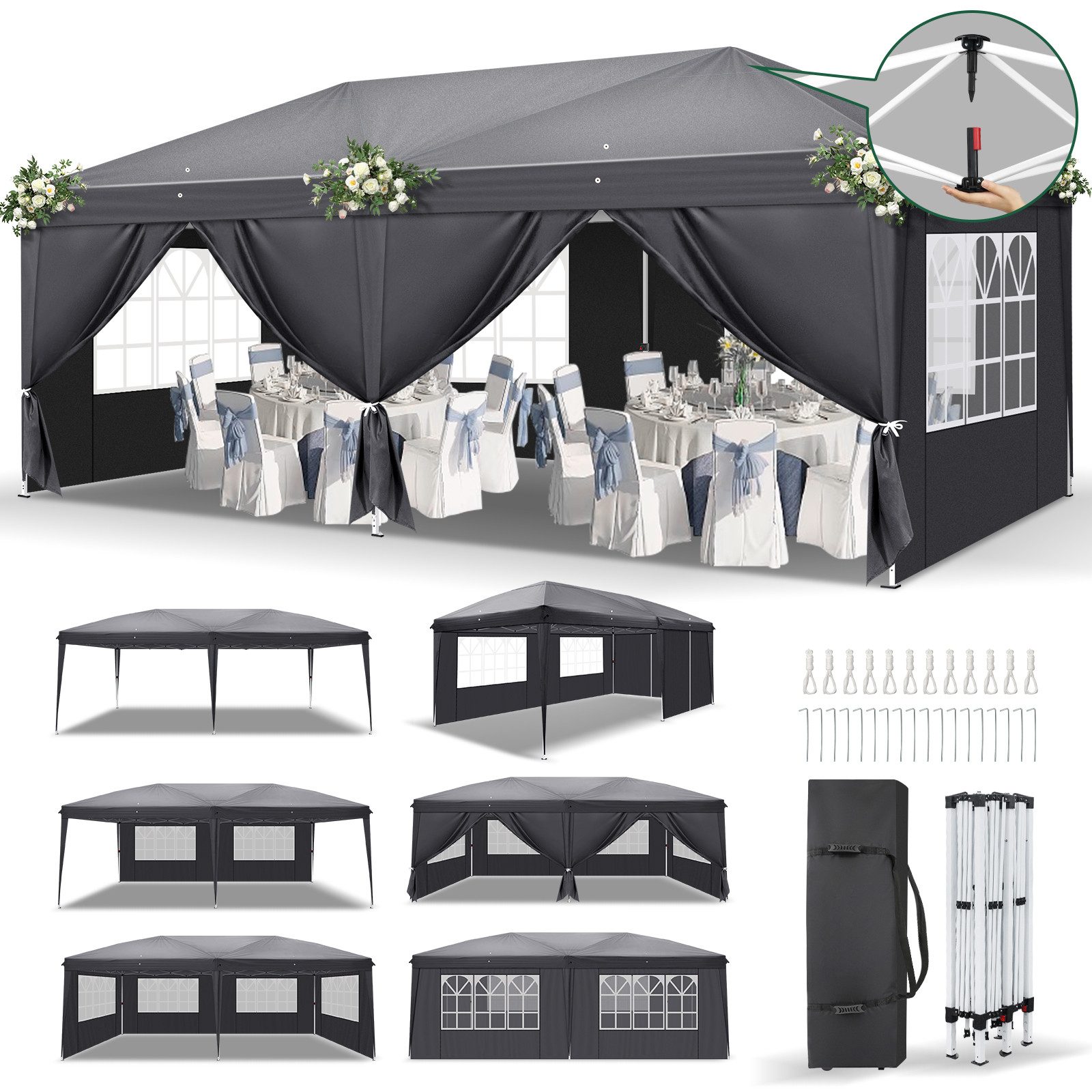 LALAHO Faltpavillon Partyzelt 3x6 m, mit 6 Seitenwänden, höhenverstellbarer Gartenpavillon, mit 6 Seitenteilen, Gartenzelt artenpavillon mit Tragetasche UV-Schutz 50+