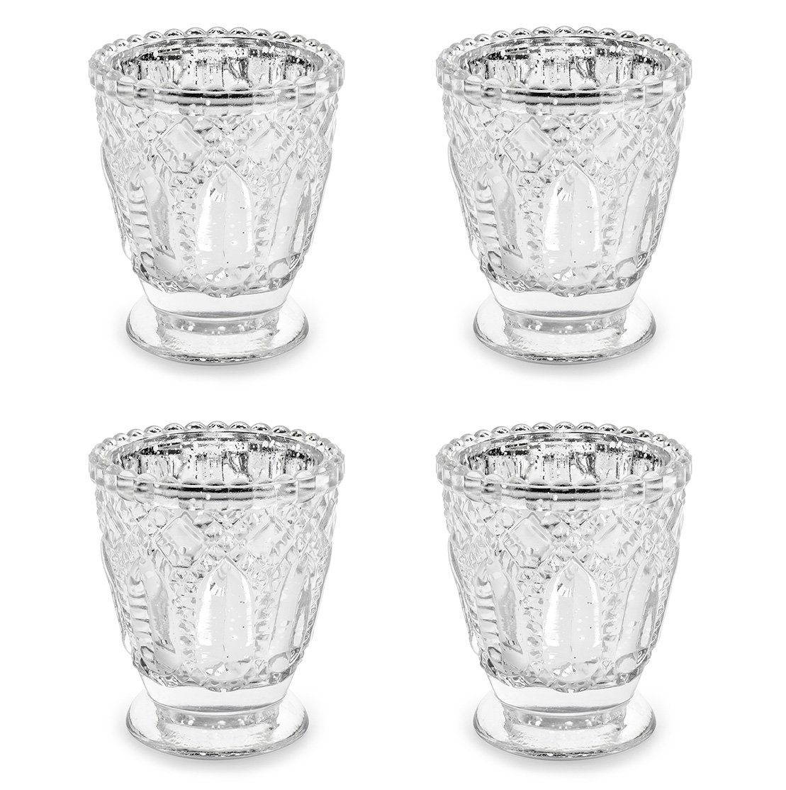 Ornamenten Kelch Kerzenhalter, Set 4er geprägte Teelichtgläser silber 7x8cm partydeco