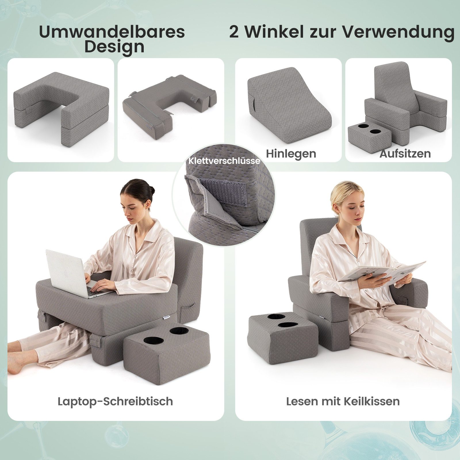 COSTWAY Rückenkissen, 3-tlg., Lesekissen für Bett und Sofa, Keilkissen-Set Grau – Bild 2 von 5