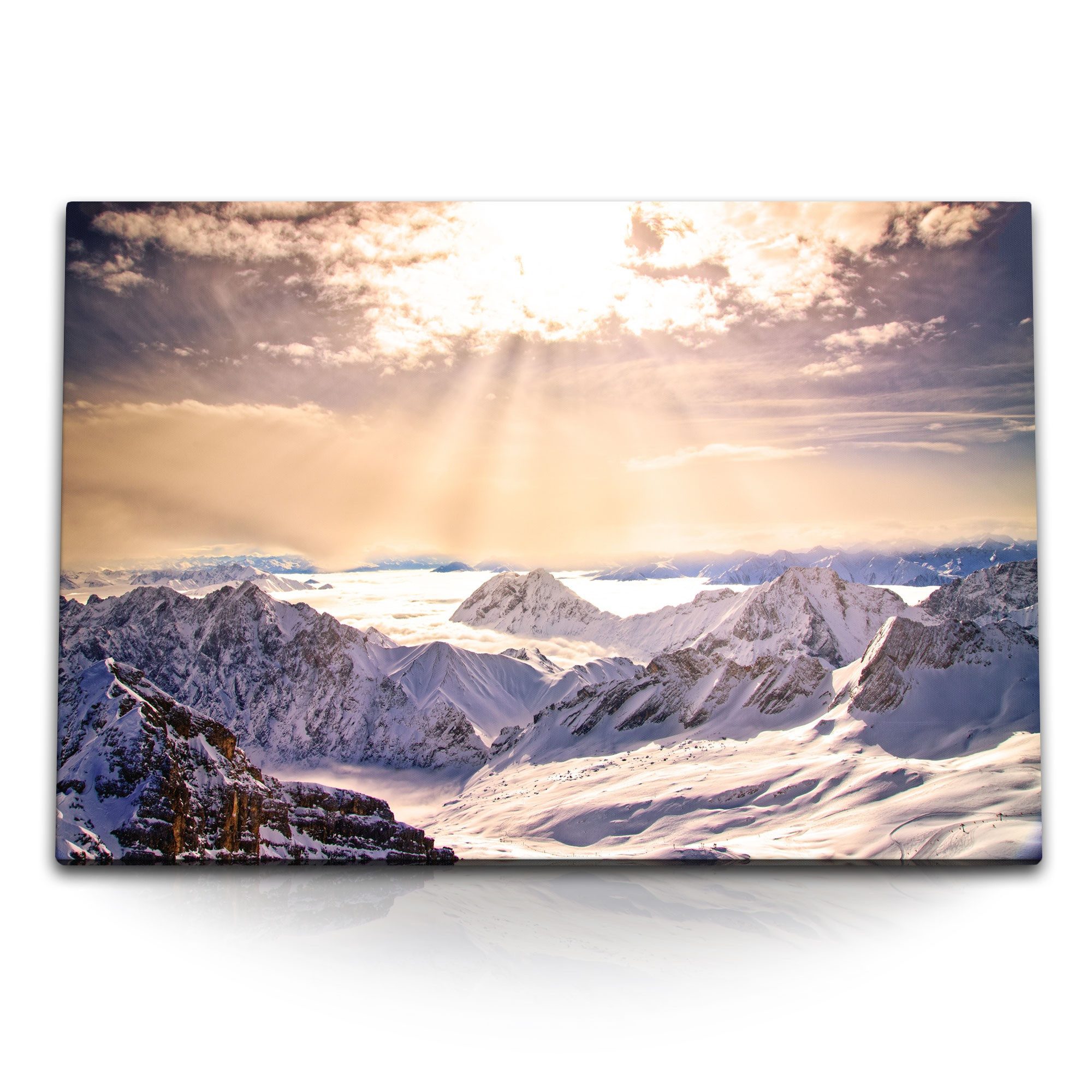 Leinwandbild 120x80cm Wandbild auf Leinwand Alpen Berge Schnee Sonnenstrahl Bergaus