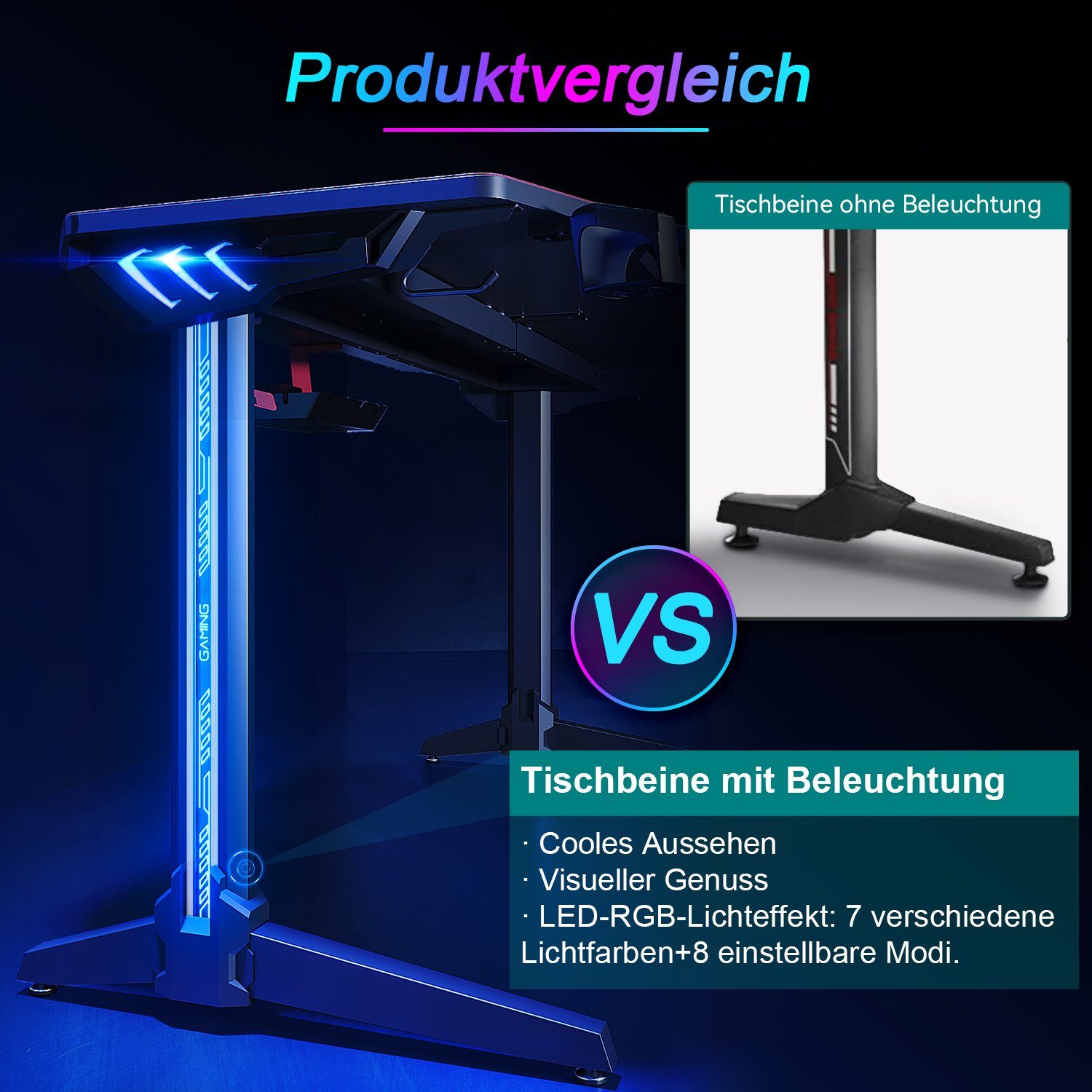 SONNI Gamingtisch Mehrzweckspieltisch in Schwarz mit LED-Beleuchtung, 140x60x75 cm, breite 140cm