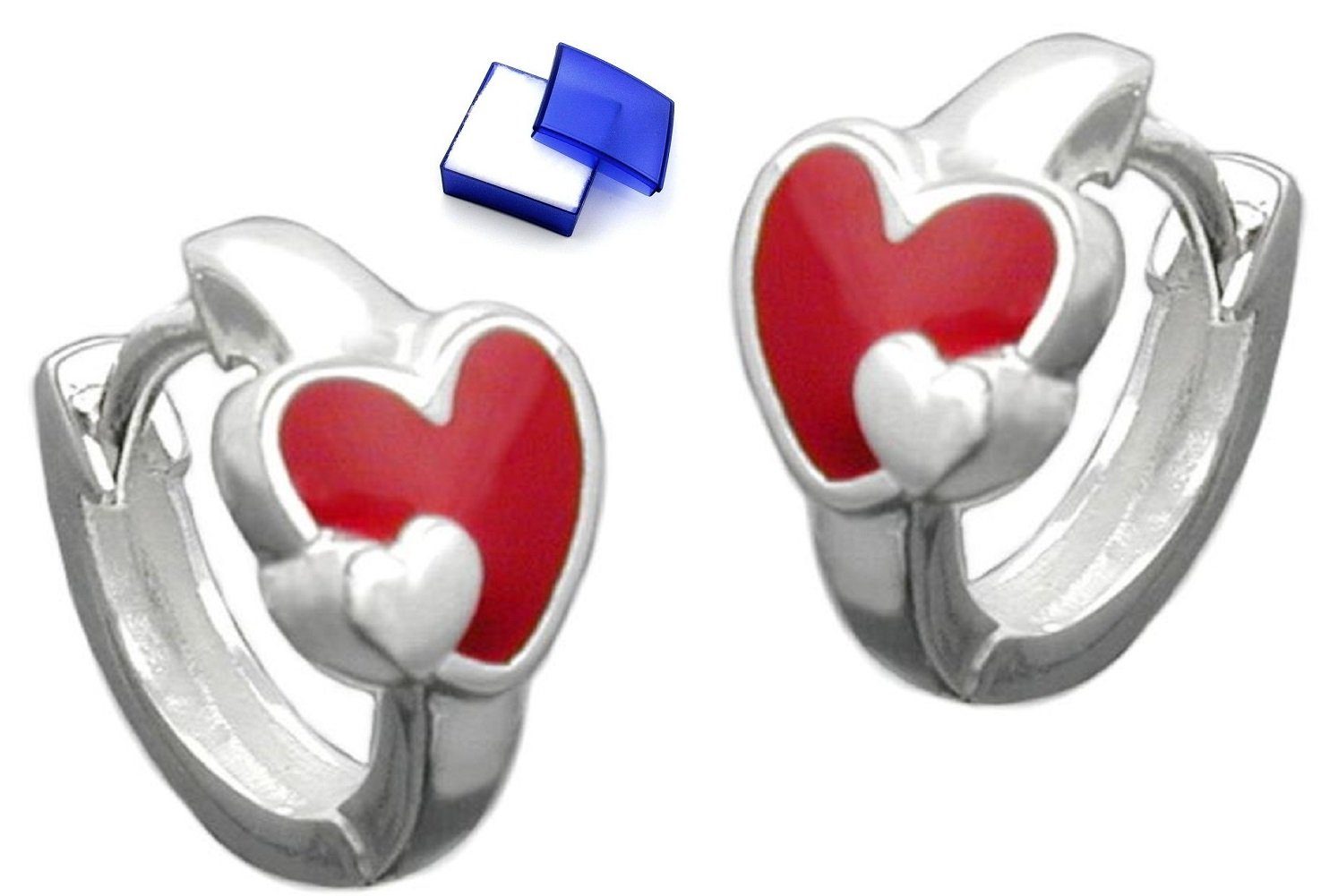 unbespielt Paar Creolen Ohrringe Herz rot lackiert 925 Silber 11 x 2 mm inkl. Schmuckbox, Silberschmuck für Kinder