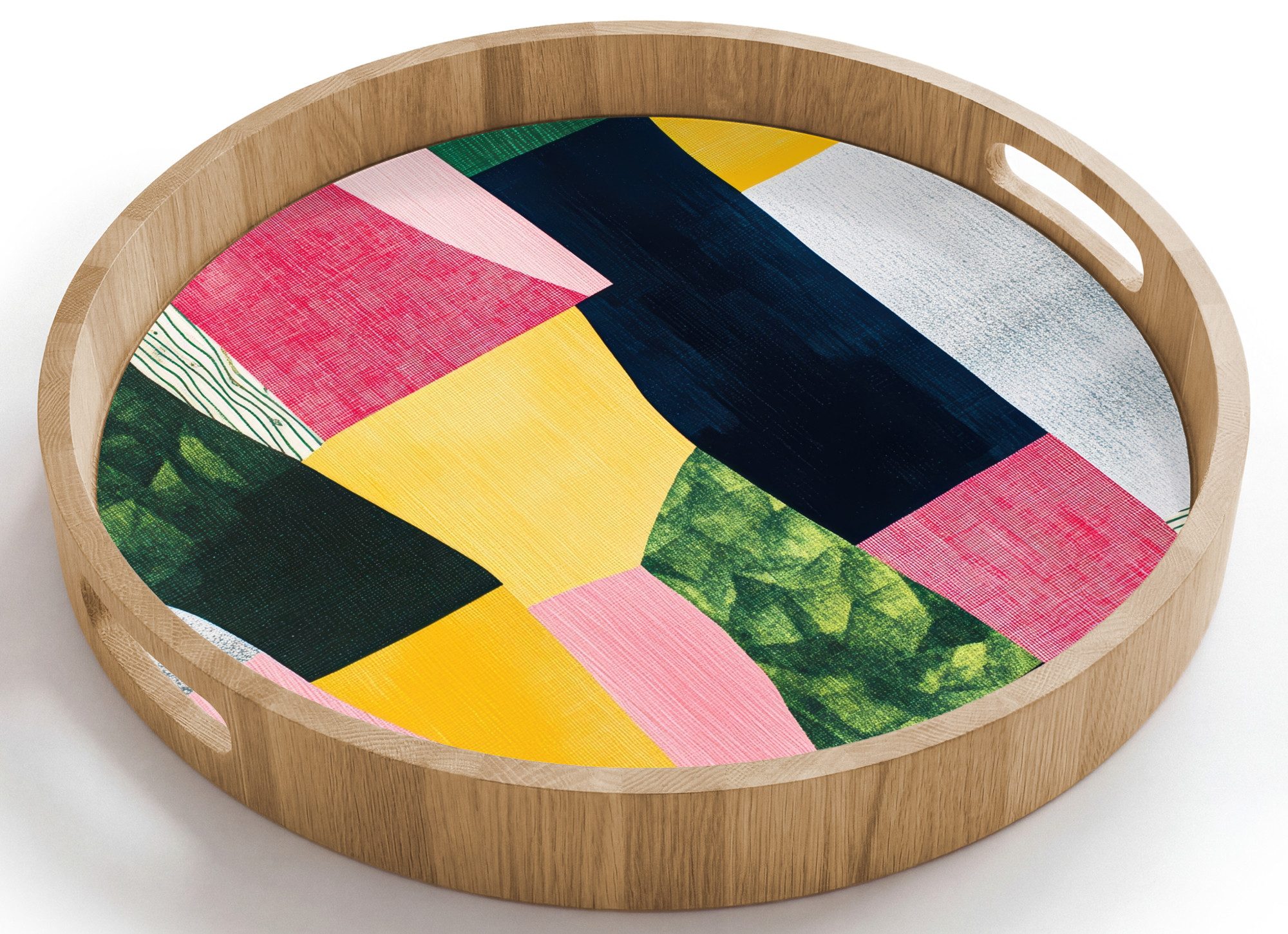 OnlyWow Tablett Rund mit Henkel Abstrakt - Rosa - Formen - Gelb, Eichenholz, (1-tlg), Siervierplatte, Tray, Frühstücksbrett