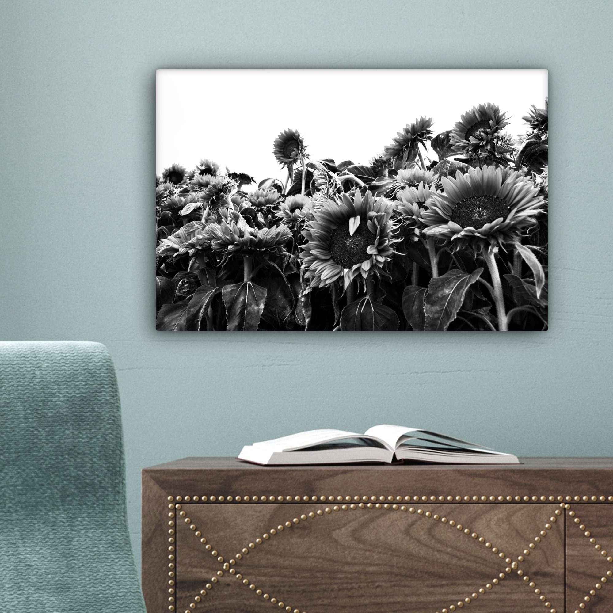 bunt Leinwandbilder, und 30x20 St), in (1 Wandbild Leinwandbild schwarz OneMillionCanvasses® Holland cm weiß, Wanddeko, Aufhängefertig, Sonnenblumen