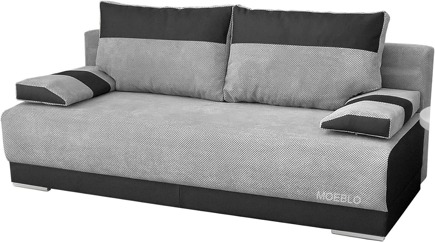 MOEBLO Schlafsofa NISA, Couch für Wohnzimmer, Sofagarnitur Polstersofa Wohnlandschaft, mit Schlaffunktion und Bettkasten Grau + Schwarz - DOT 90 + Madryt 1100