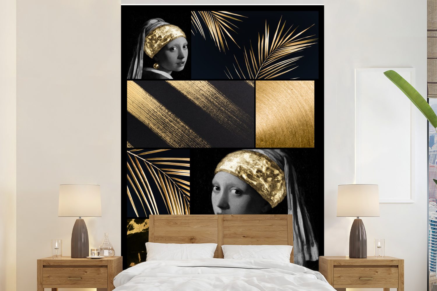 MuchoWow Fototapete Collage - Schwarz - Gold - Mädchen mit Perlenohrring, Matt, bedruckt, (3 St), Montagefertig Vinyl Tapete für Wohnzimmer, Wandtapete