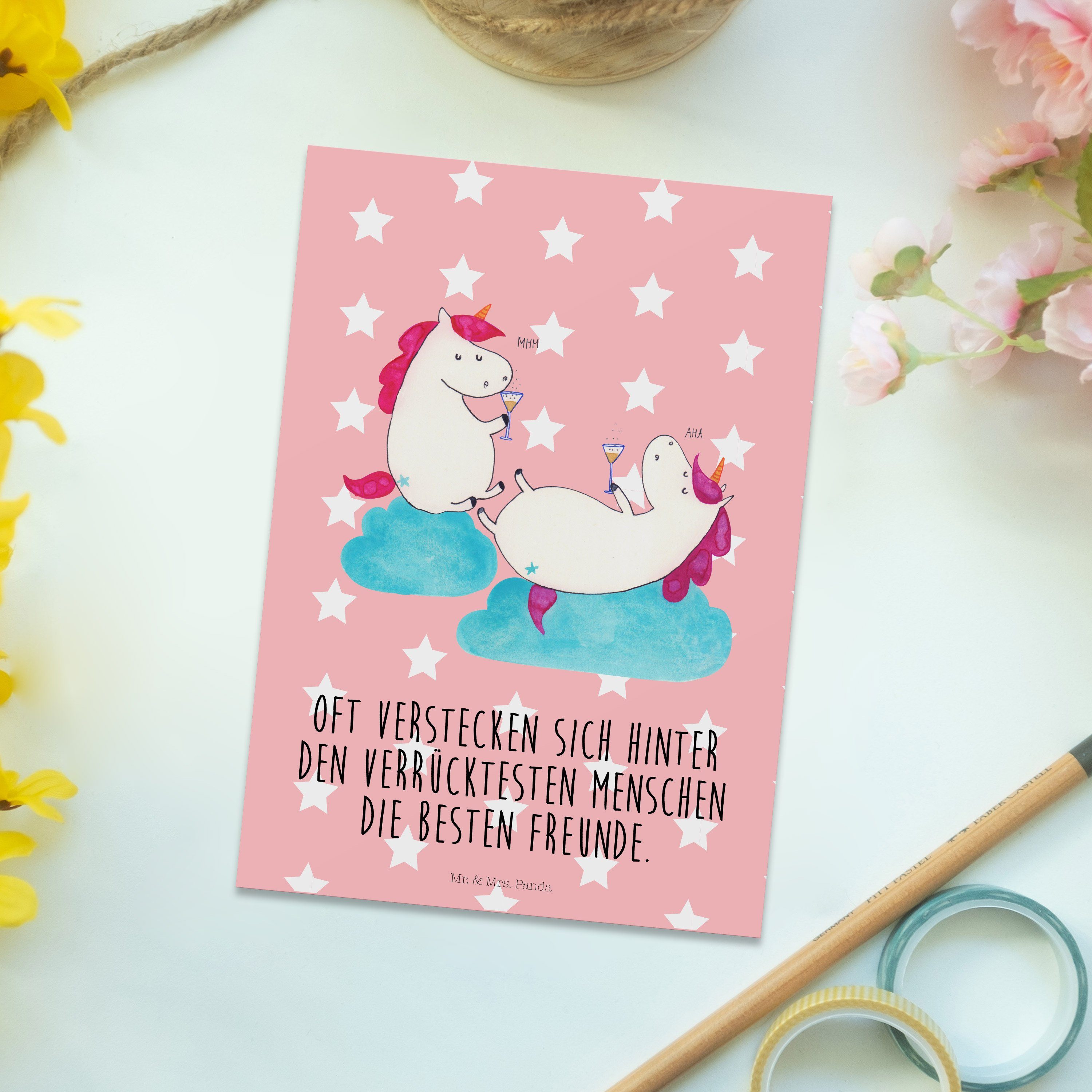 Panda Geburtstagskarte Mrs. Postkarte Geschenk, Einhörner - & Sekt Mr. - Einladung, Pastell Rot