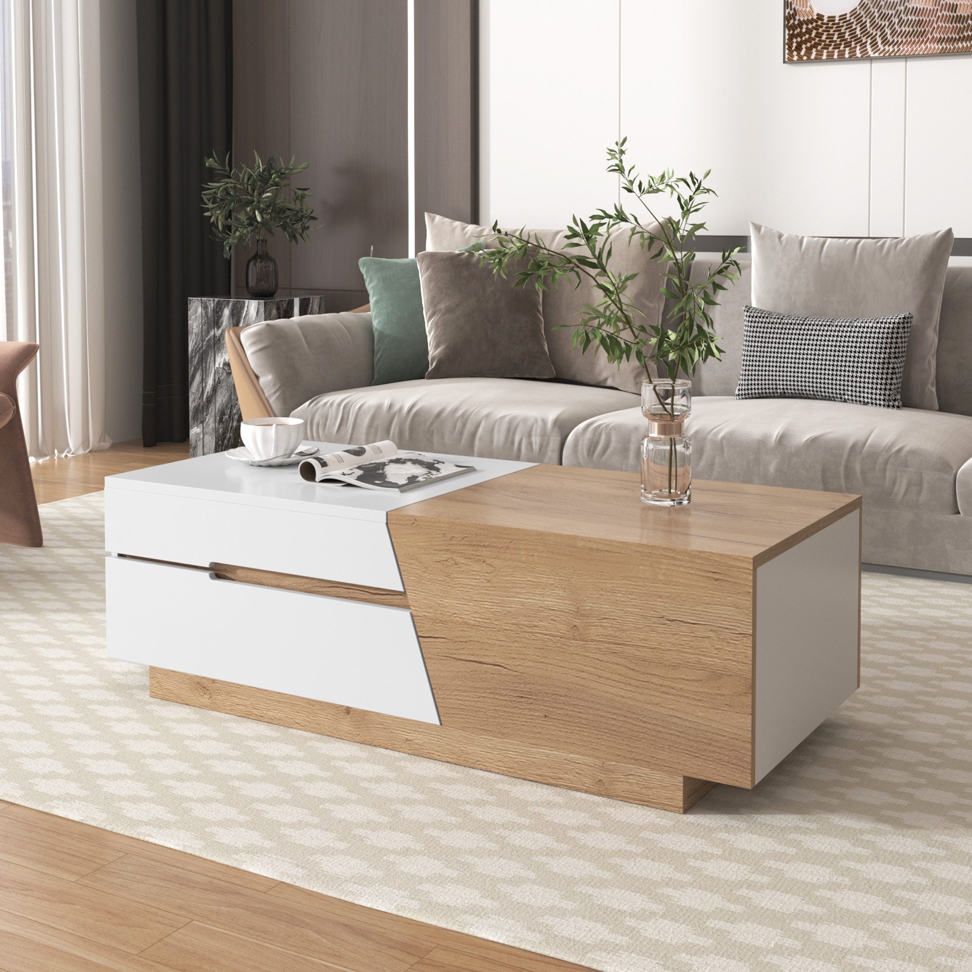 STILVORA Wohnzimmer-Set mit Schubladen,Couchtisch Sofatisch Ausziehbar mit Farbblockstruktur, (Wohnzimmertisch, 1-St., 120*50*37,5cm), mit Innovativem Schiebemechanismus und Viel Stauraum