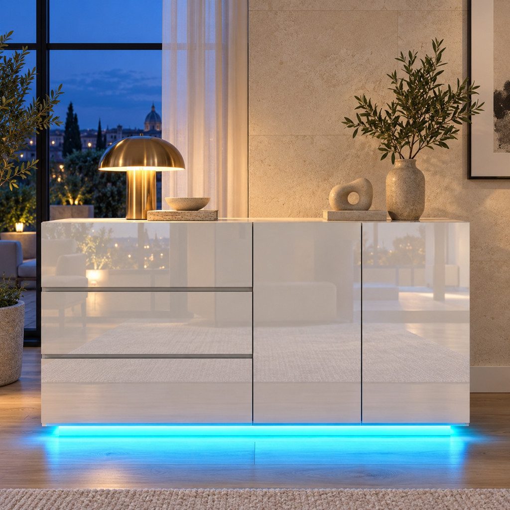 Simurq Kommode Hochglanz Sideboard Modern mit LED, 2 Türen und 3 Schubladen, Weiß (Packung, Hochglanz Buffetschrank Küchenschrank), Wohnzimmerschrank für Wohnzimmer, Esszimmer und Flur, 160x35x71 cm