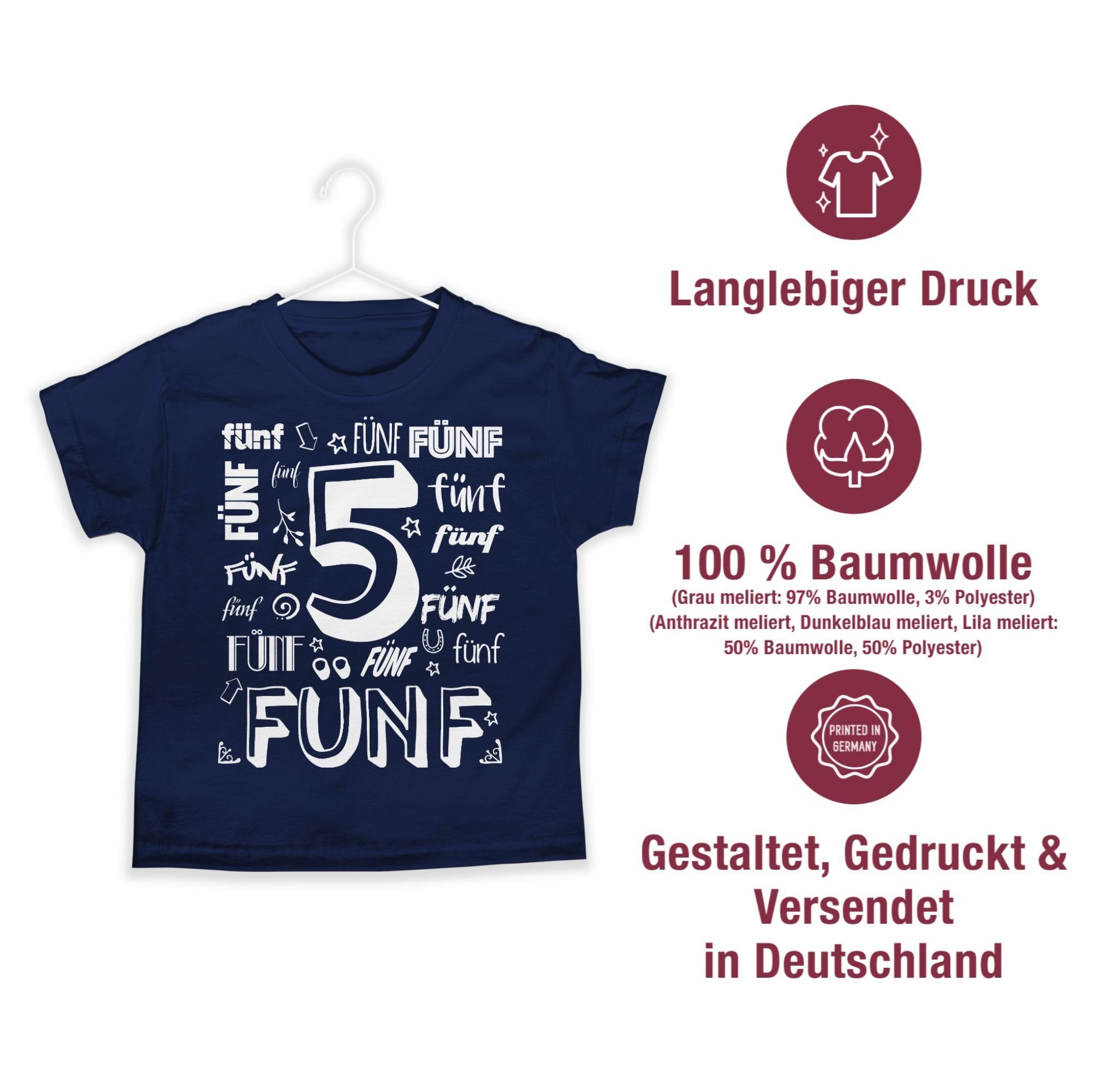 5. Shirtracer 2 Fünfter Geburtstag Zahlen Dunkelblau T-Shirt