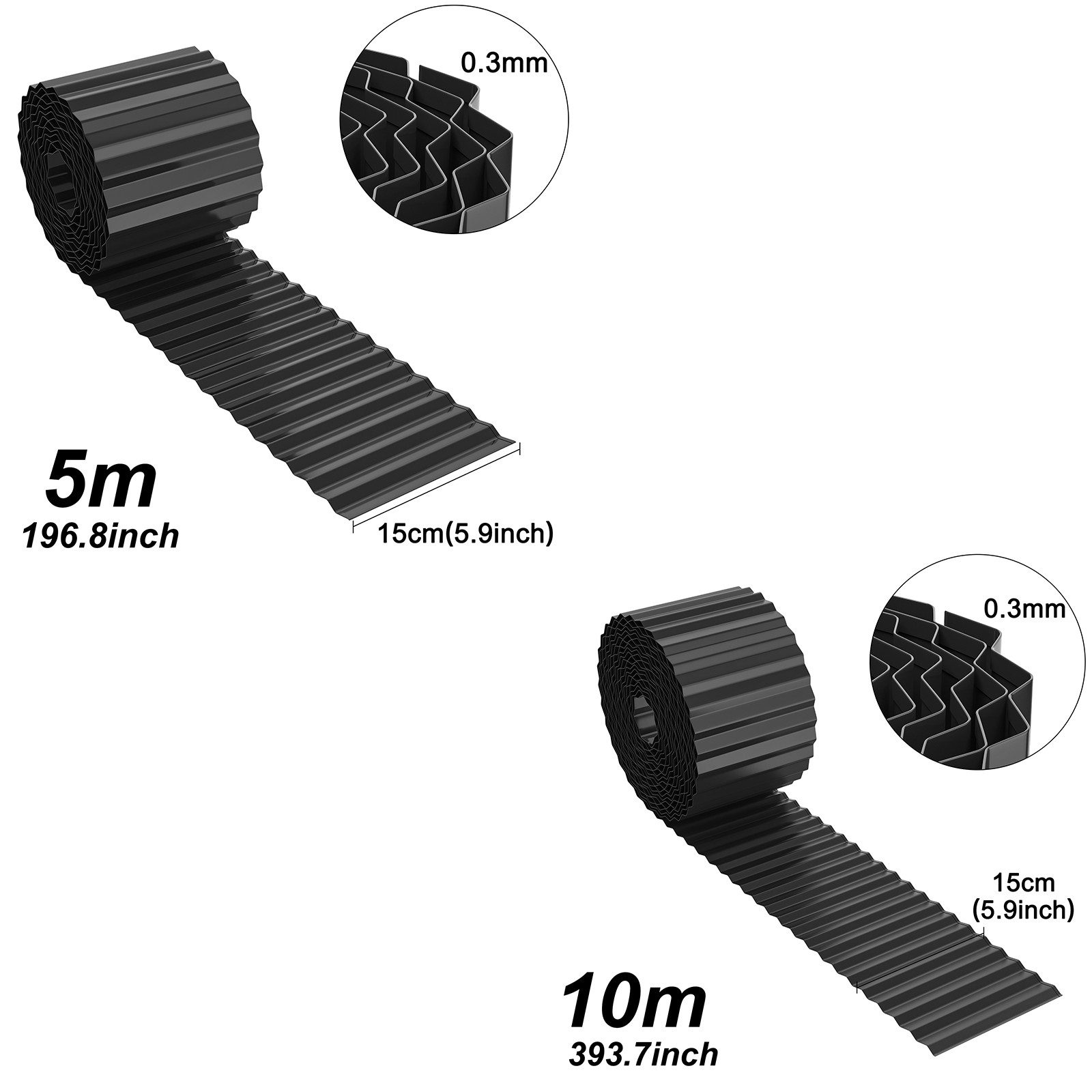 FIVMEN Rasenkante Beetbegrenzung aus Metall Beetumrandung Verzinkt 5m/10m Lang, Farben: Silber/Schwarz/Rost, 15cm/18cm Hoch, Rasenbleche Mähkante Flexible Rasen Umrandung